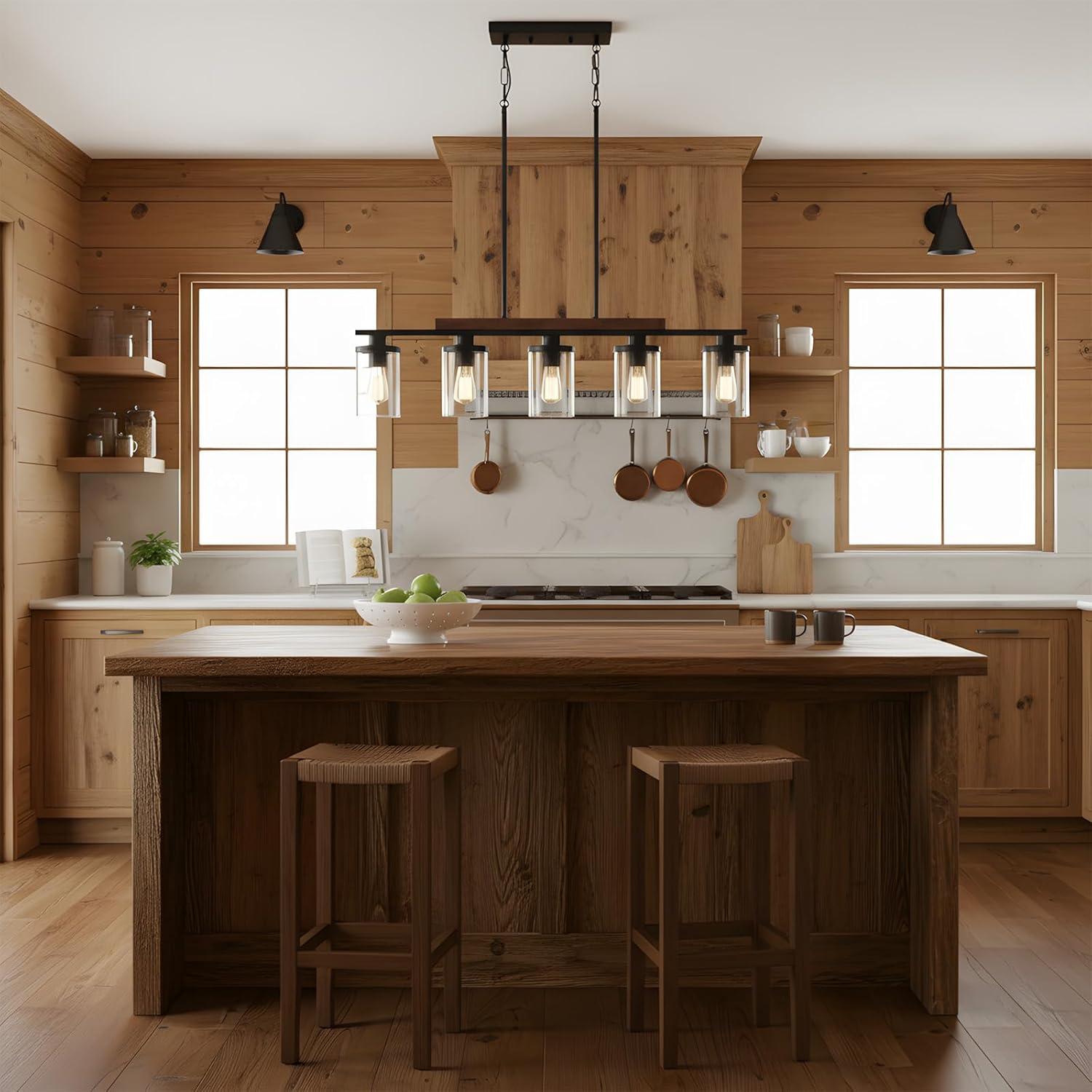 Black Farmhouse Chandelier, 5-Light Island Lights for Kitchen in Metal Finish with Clear Glass Shades, 37" Dining Room Chandelier, Linear Pendant Lighting for Foyer, Bar, Pool Table