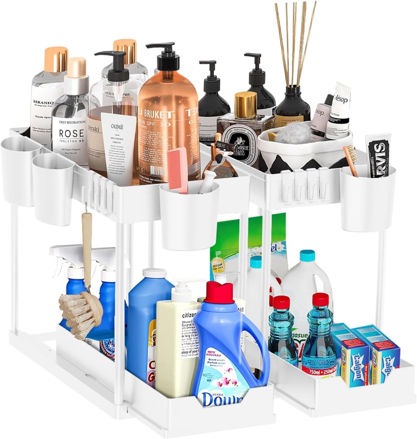 DILEASIR 2 Pack Kitchen Under Sink Organizer, with Hooks, Hanging Cup, for Bathroom, Laundry room, White