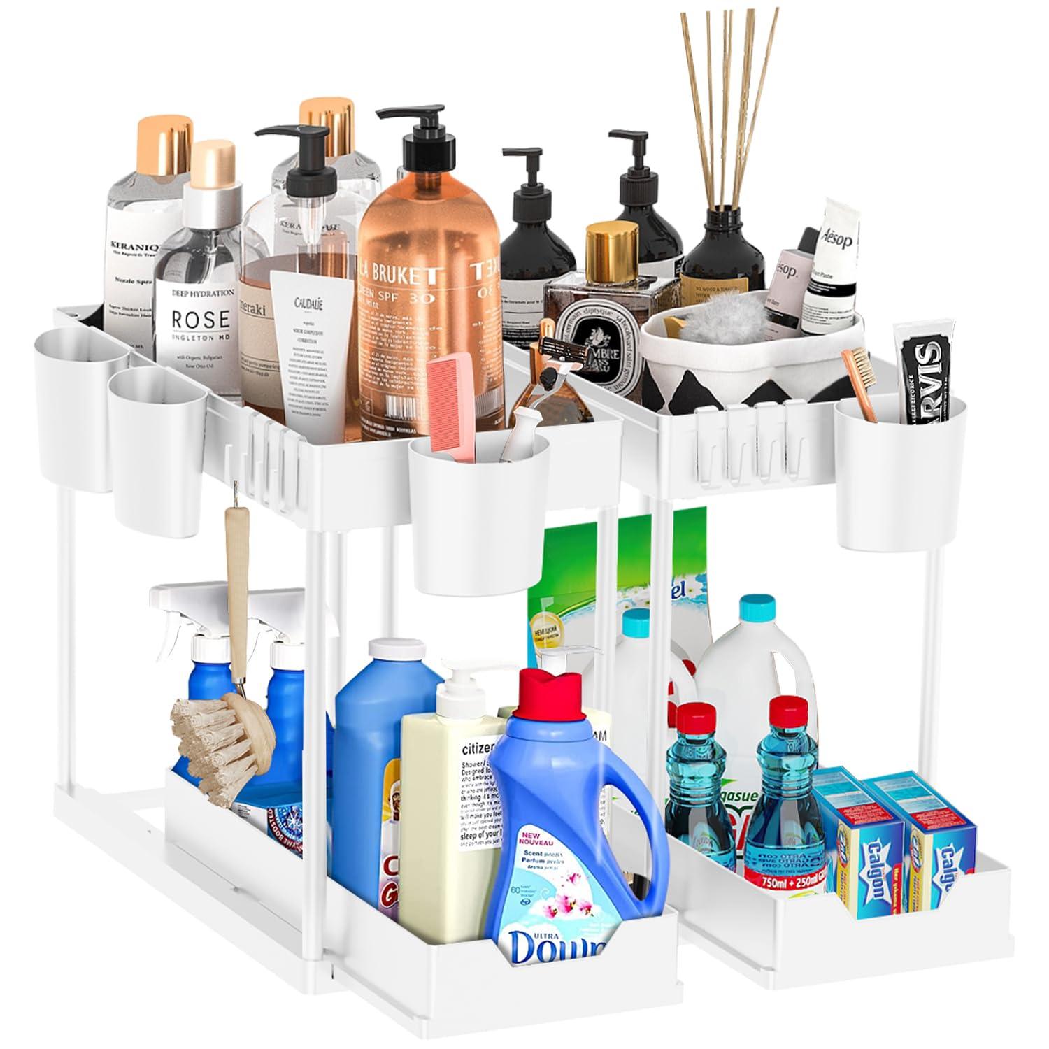 DILEASIR 2 Pack Kitchen Under Sink Organizer, with Hooks, Hanging Cup, for Bathroom, Laundry room, White