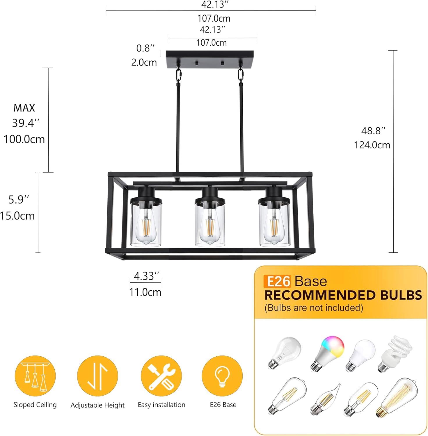 Black Metal and Glass 3-Light Kitchen Island Pendant