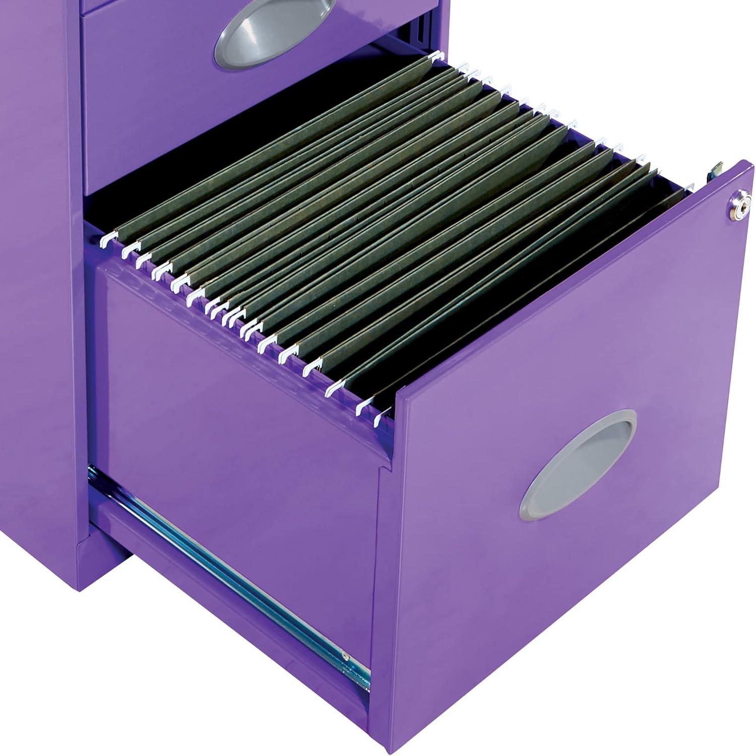 OSP Home Furnishings 3-Drawer Locking Metal File Cabinet, Purple