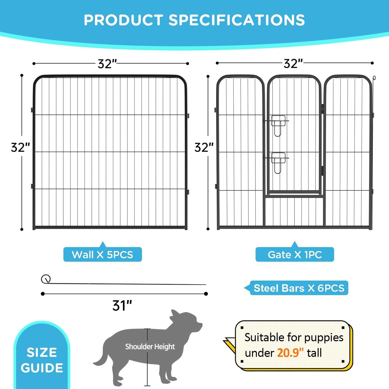 BestPet Dog Playpen Indoor 32 inch Height 6 Panels Dog Pen for Medium and Large Dogs, Exercise Pen Pet Dog Fence with Doors Pet Puppy Playpen for RV Camping Yard, Black