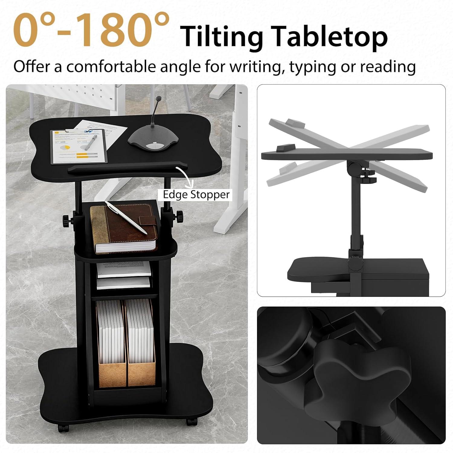 Costway Mobile Podium Stand Height Adjustable Laptop Cart with Storage Compartments Rolling Lectern with Lockable Casters for Classroom Office White