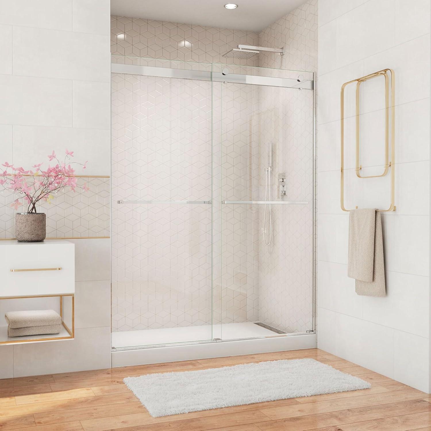 Essence Frameless Clear Glass Sliding Shower Door with Brushed Nickel Hardware