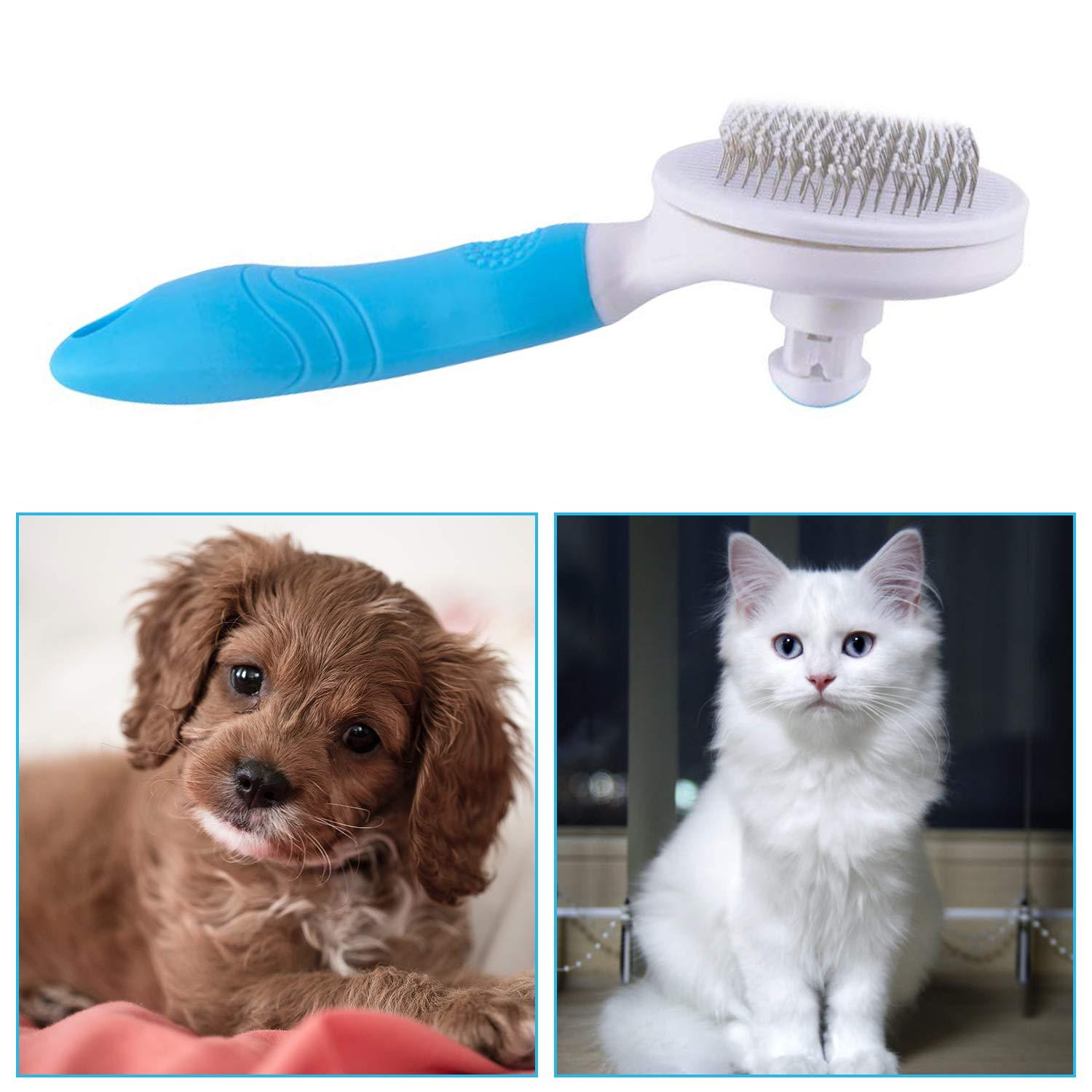 Cat Grooming Brush, Self Cleaning Slicker Brushes for Dogs Cats Pet Grooming Brush Tool Gently Removes Loose Undercoat, Mats Tangled Hair Slicker Brush for Pet Massage- Upgraded (BLUE)