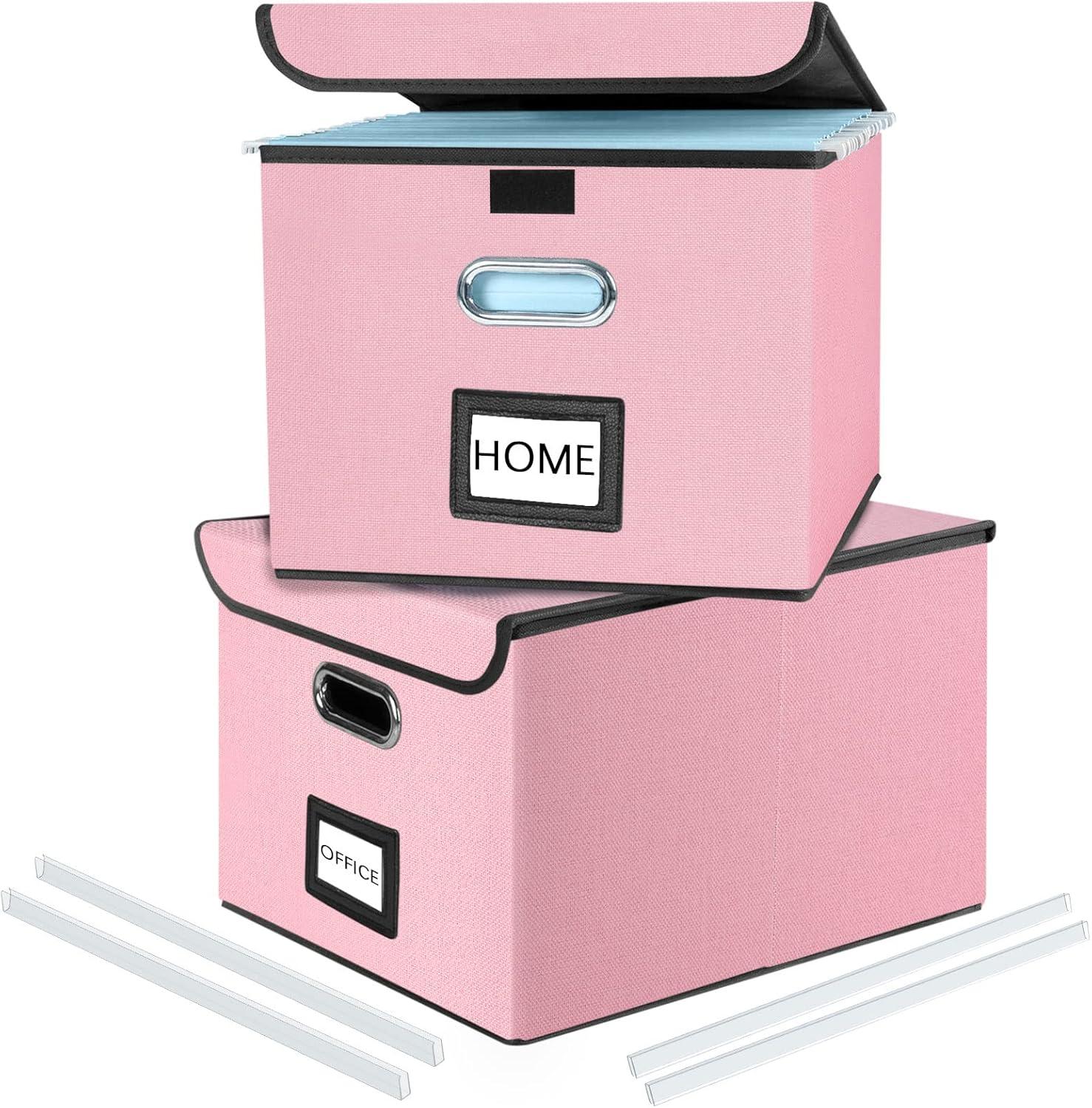 Huolewa Collapsible File Storage Organizer Boxes with Lids, Linen Document Storage, Universal Hanging Filing Organization Boxes for Letter/Legal, Decorative Office/Home File Bins - Boxes Only(2 Pack)