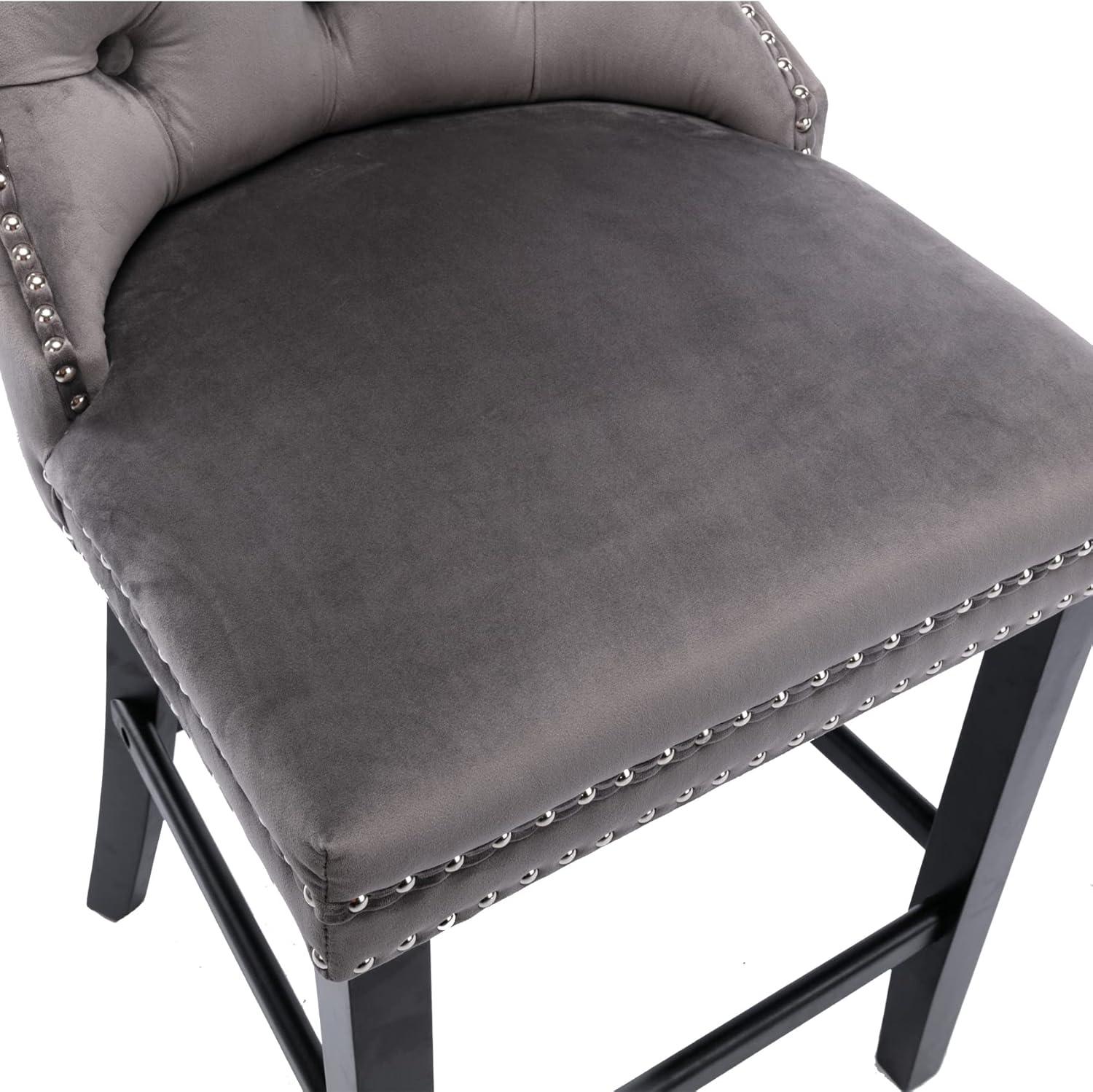 Gray Velvet Upholstered Wingback Barstools with Nailhead Trim