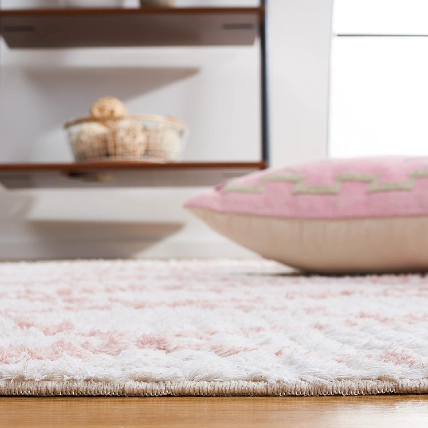 Ivory and Pink Flat Woven Synthetic Area Rug