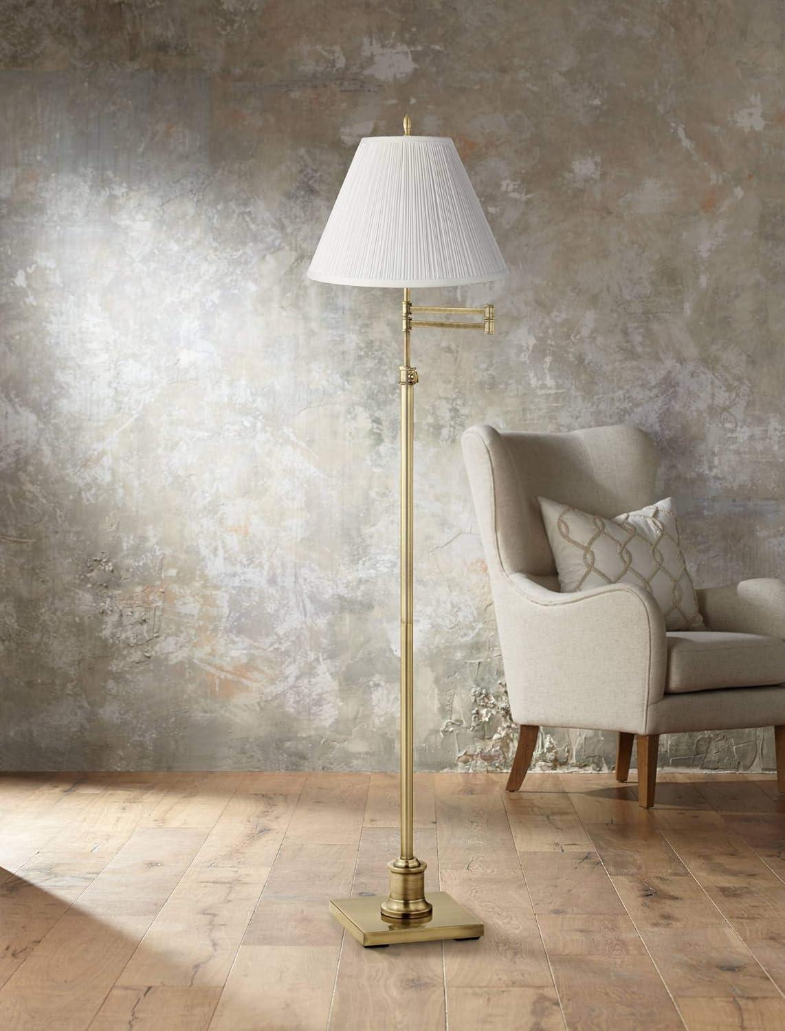 360 Lighting Chic Swing Arm Floor Lamp 70" Tall Antique Brass White Mushroom Pleated Empire Shade for Living Room Reading Bedroom Office