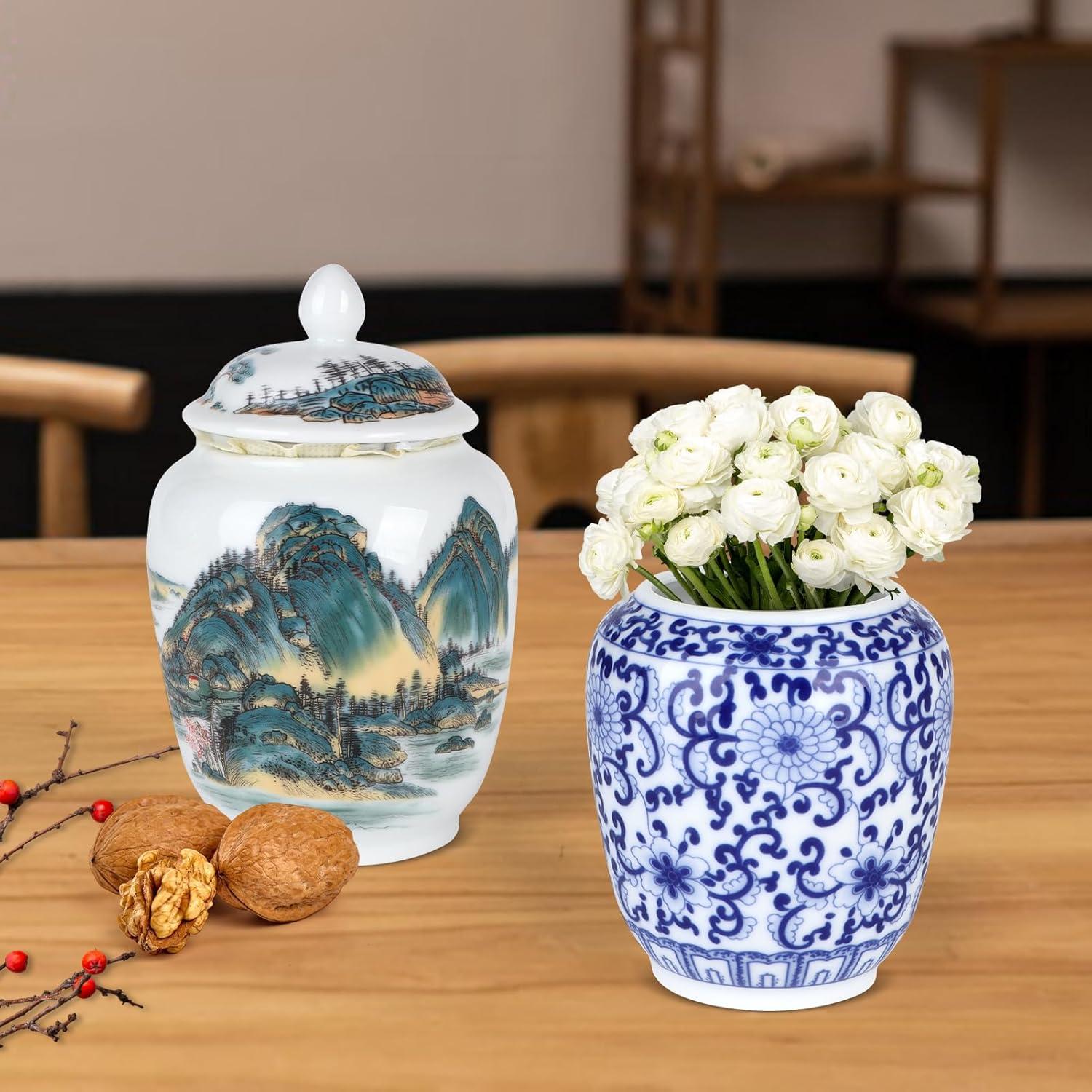 Blue and White Ceramic Chinoiserie Ginger Jar with Lid