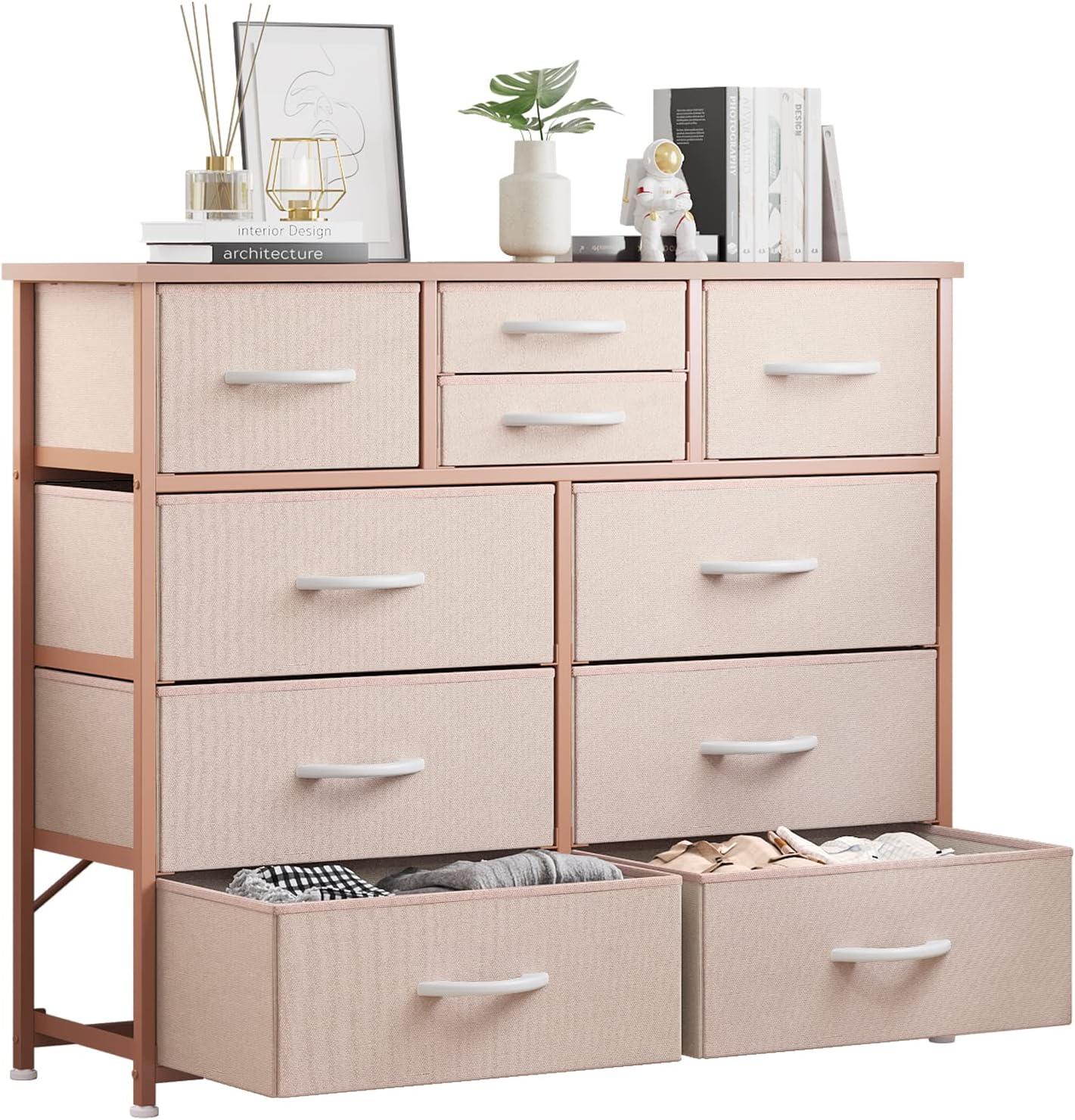 Dresser for Bedroom with 10 Drawers, Dressers & Chest of Drawers, Long Fabric Storage Drawer with Wood Tabletop for Kids Room, Closet, Hallway, Entryway