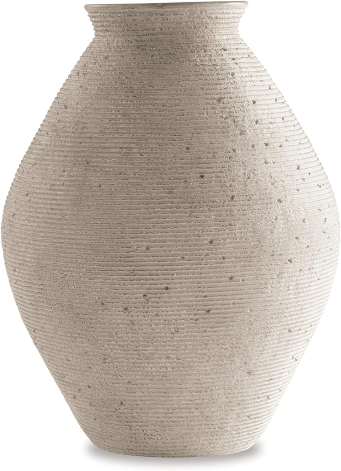Contemporary 17" Beige Ribbed Plastic Vase with Artisanal Rings