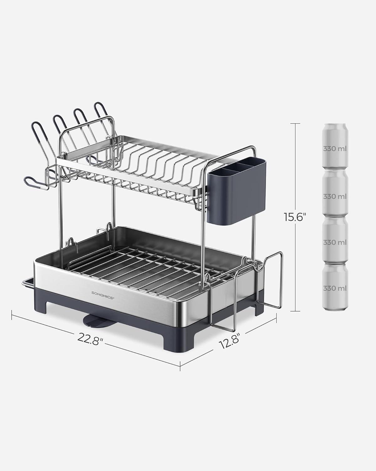 Silver and Gray 2-Tier Stainless Steel Dish Drying Rack with Utensil Cup