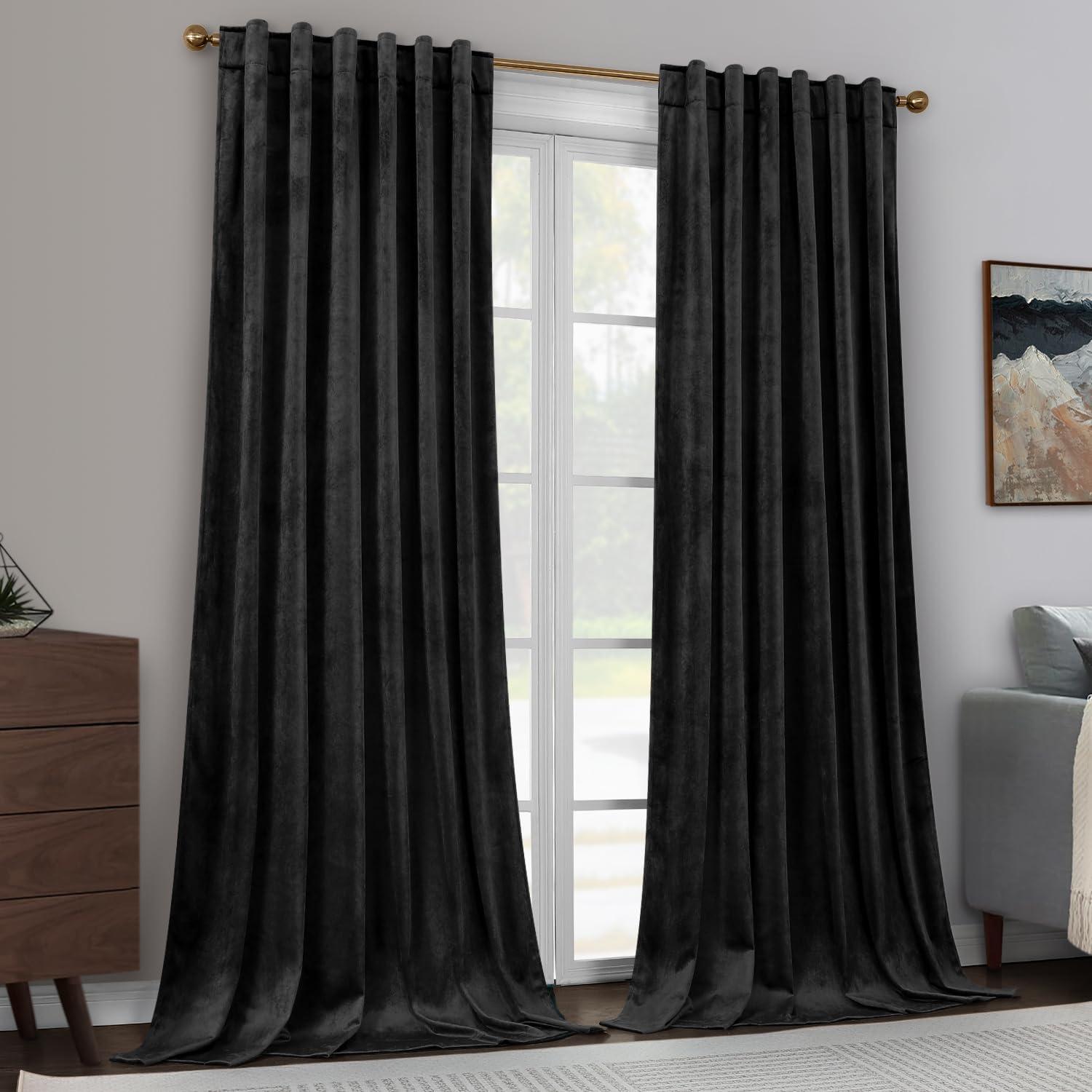 JIUZHEN Black Velvet Curtains for Living Room -96 inches Long Rod Pocket Thermal Insulated Room Darkening Window Drapes for Bedroom, Set of 2 Panels with Tiebacks, 52 x 96 inches