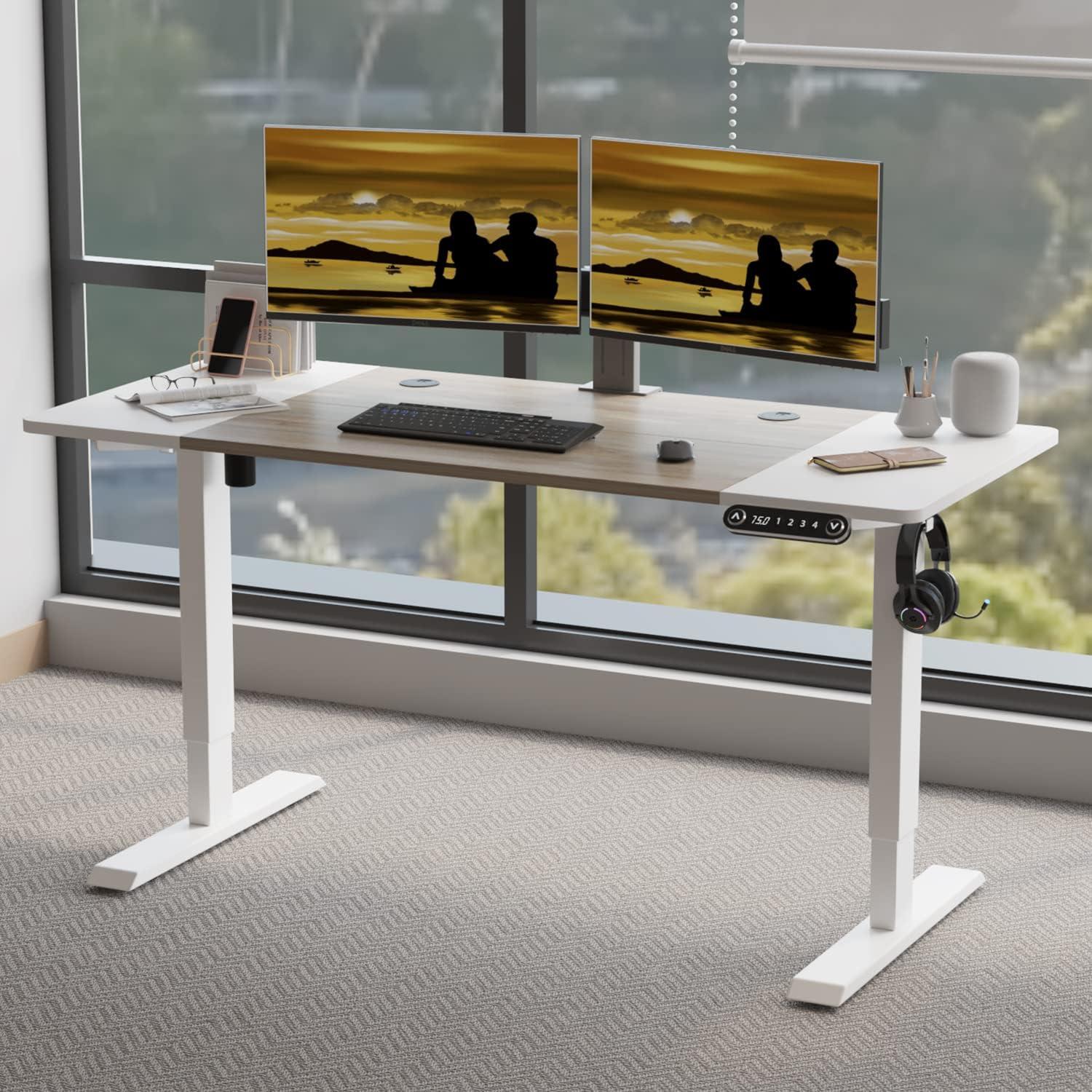 White and Oak Adjustable Height Standing Desk with Wood Top