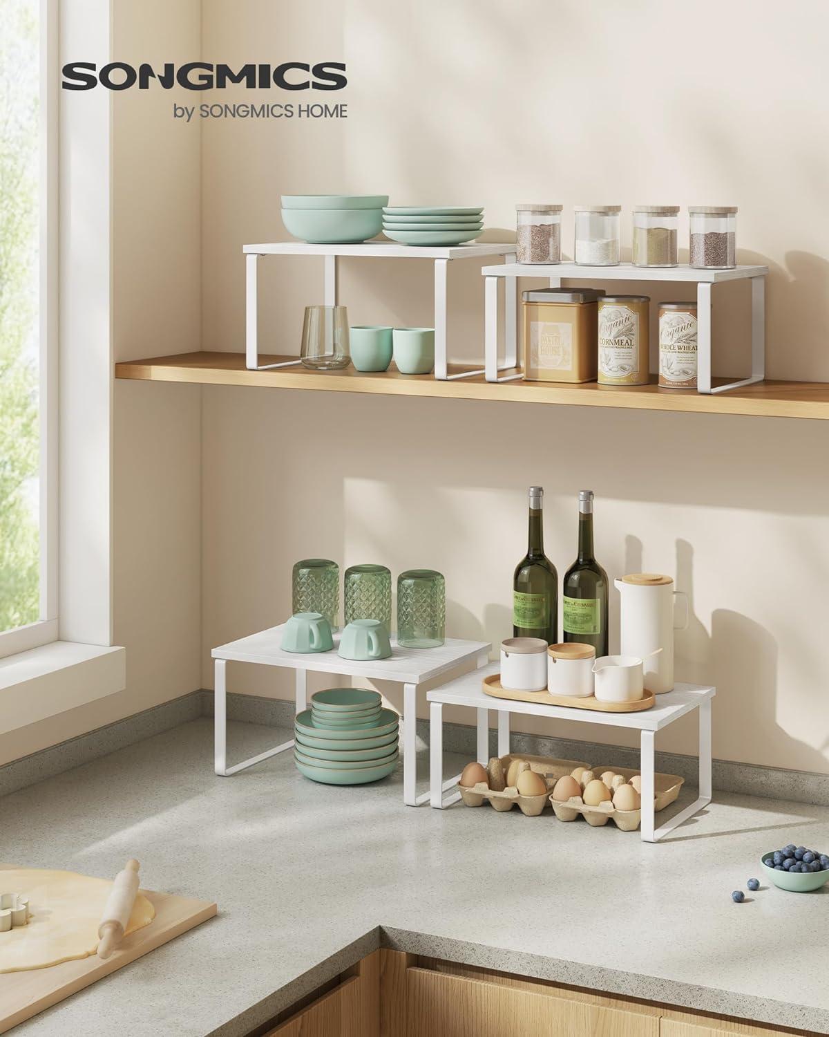 Cabinet Organizer Shelf, Set of 2 Kitchen Counter Shelves, Kitchen Storage, Spice Rack, Stackable, Expandable, Metal and Engineered Wood, Cloud White and Snow White UKCS02W01