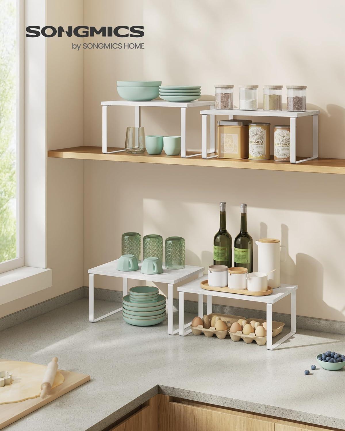 Cabinet Organizer Shelf, Set of 2 Kitchen Counter Shelves, Kitchen Storage, Spice Rack, Stackable, Expandable, Metal and Engineered Wood, Cloud White and Snow White UKCS02W01