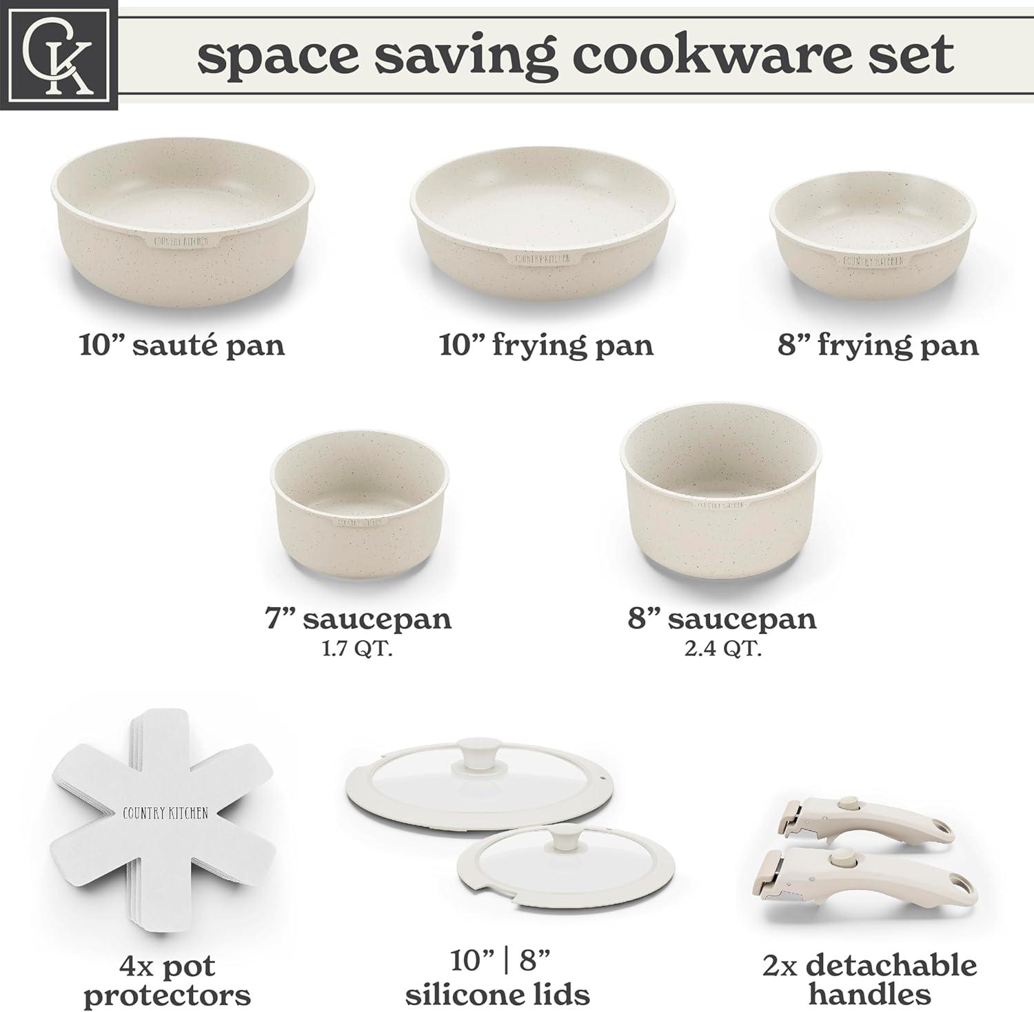 Country Kitchen 13-Pc Pots and Pans Set with Removable Handles Nonstick Cookware Set, Cream