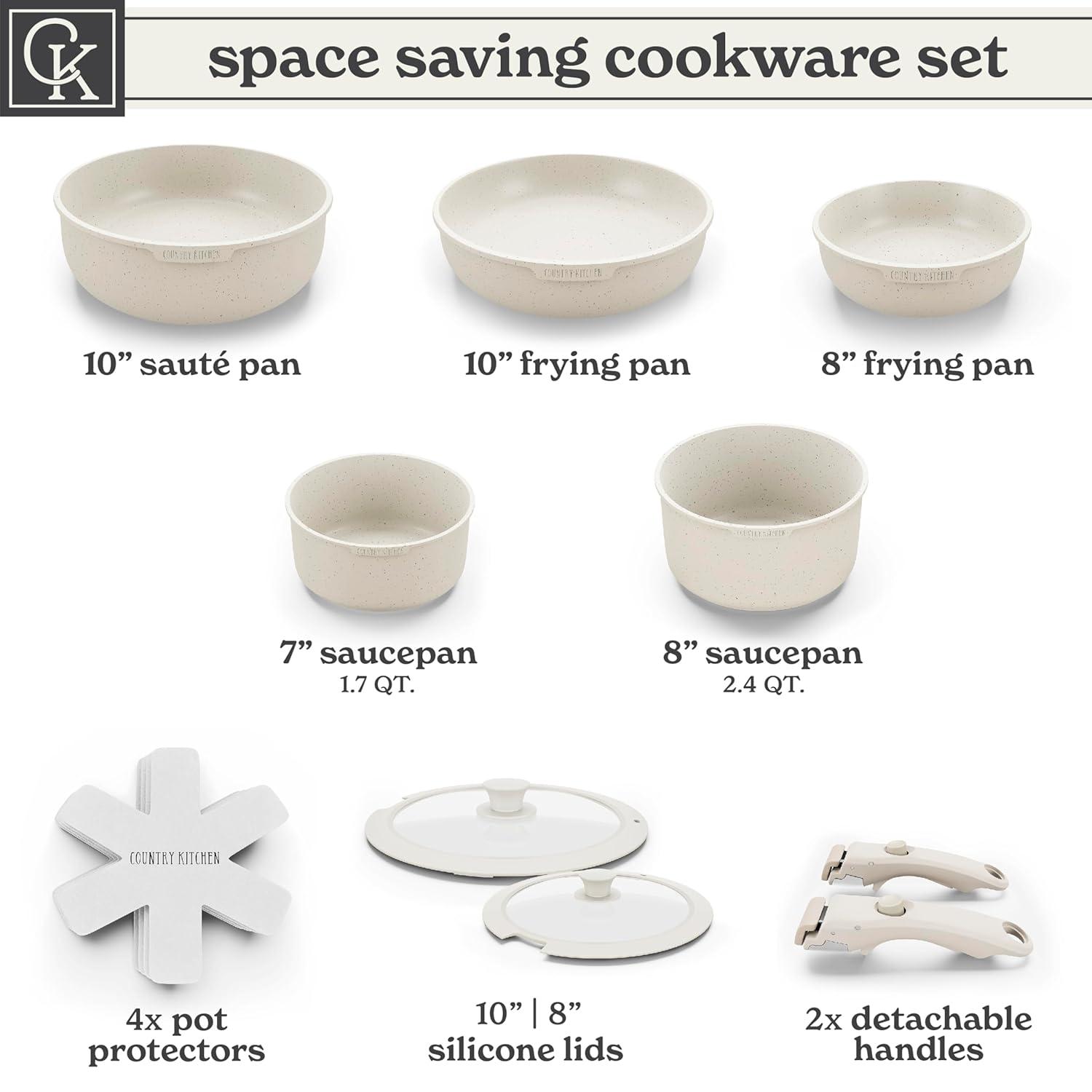 Country Kitchen 13-Pc Pots and Pans Set with Removable Handles Nonstick Cookware Set, Cream