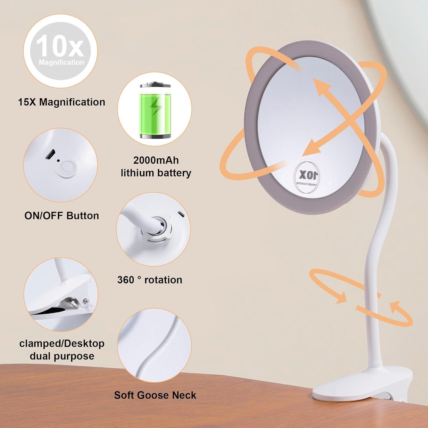 TUSHENGTU 6.5" White Swan-Neck Clamp Mirror , LED Vanity Mirror , USB Charging,360° Rotation