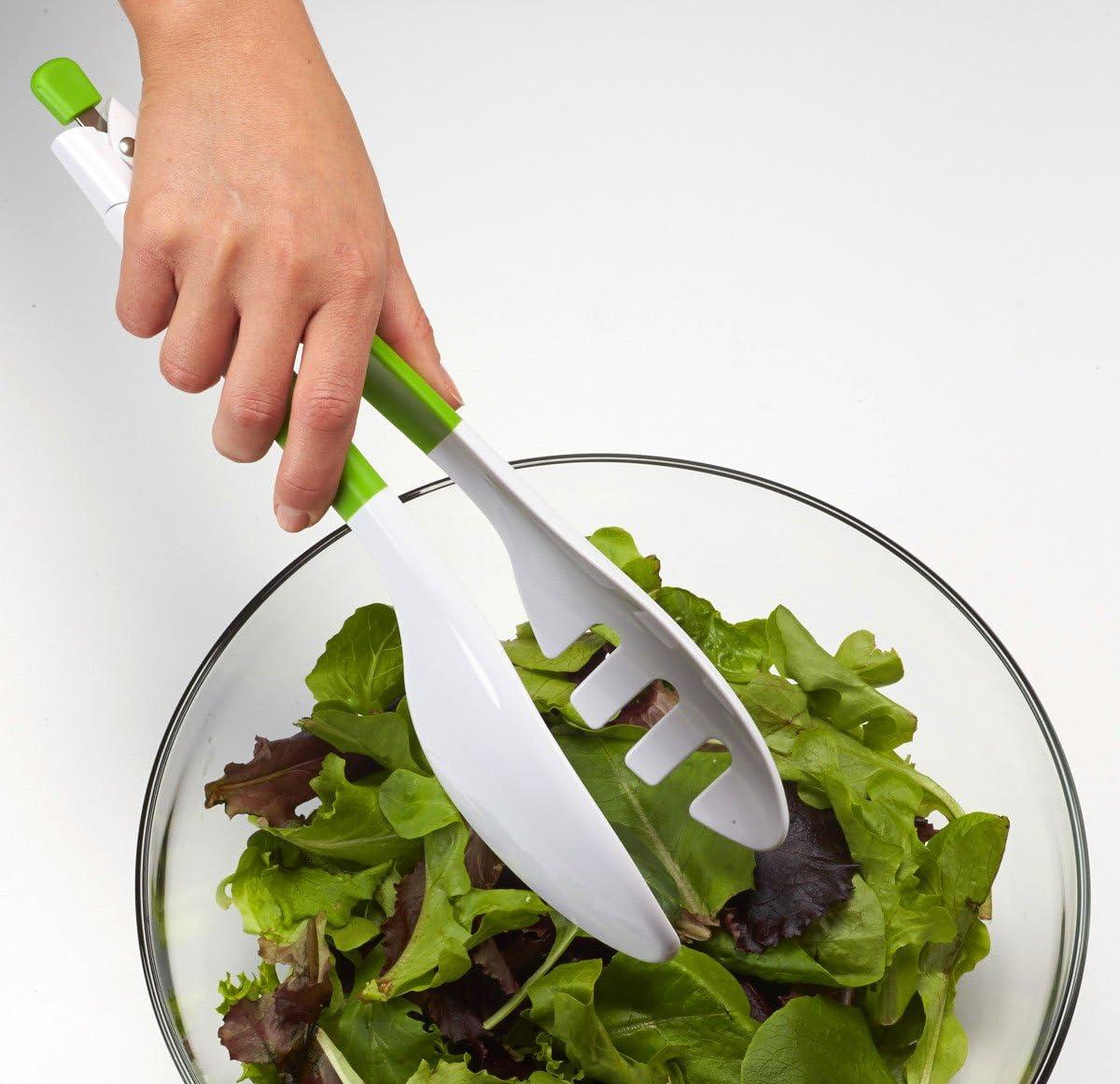 White and Green Lockable Salad Tongs with Soft-Touch Handle