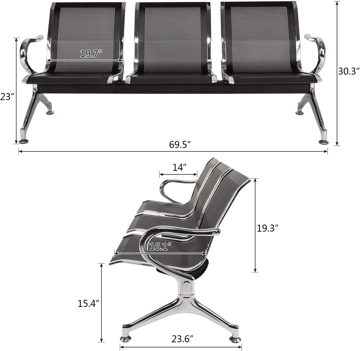 Kinbor Waiting Room Chairs, 3-Seat Reception Chairs Office Guest Waiting Furniture Bench Seating for Airport Bank Hospital, Black