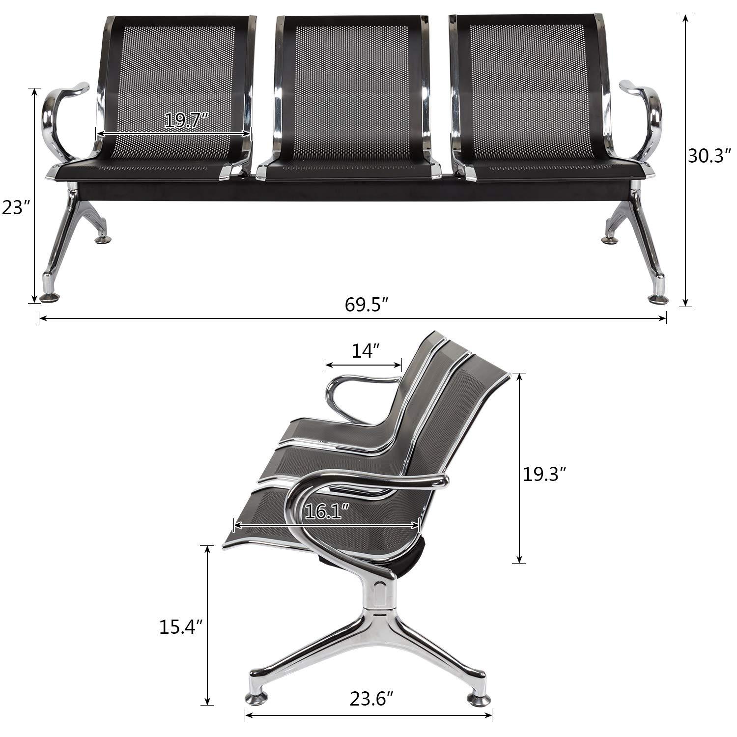 Kinbor Waiting Room Chairs, 3-Seat Reception Chairs Office Guest Waiting Furniture Bench Seating for Airport Bank Hospital, Black