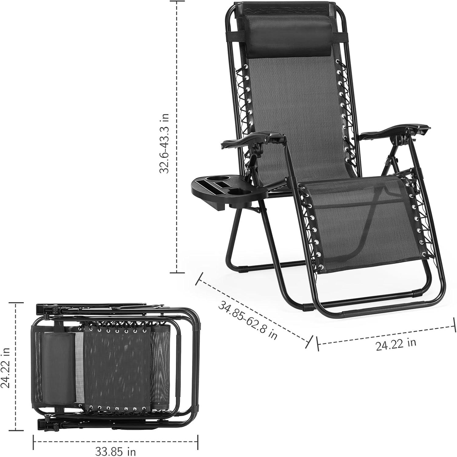 Zero Gravity Chairs Set of 2, Folding Lounge Chairs with Cup Holder Trays, Portable Recliner Beach Camping Patio Outdoor with Adjustable Pillow for Poolside, Garden, Backyard, Lawn