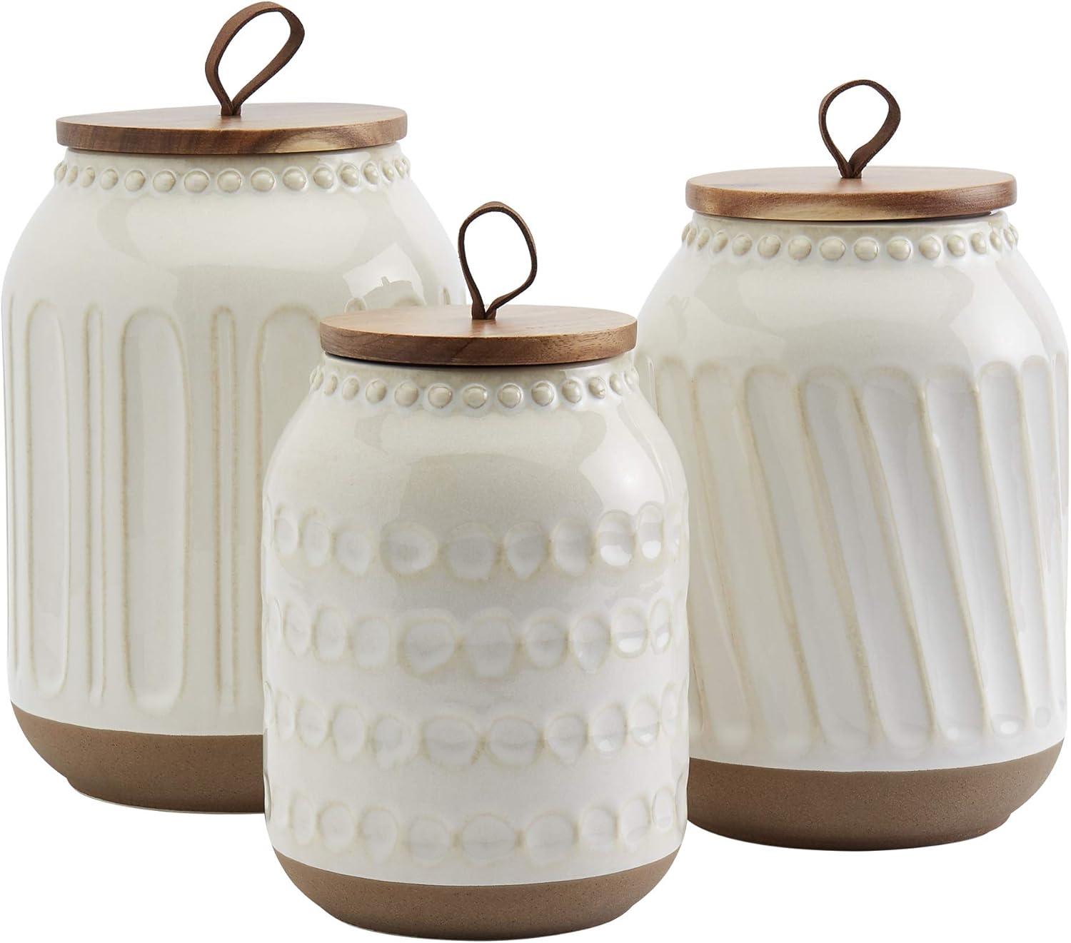 Embossed White Ceramic Canister Set with Acacia Wood Lids, 3 Piece