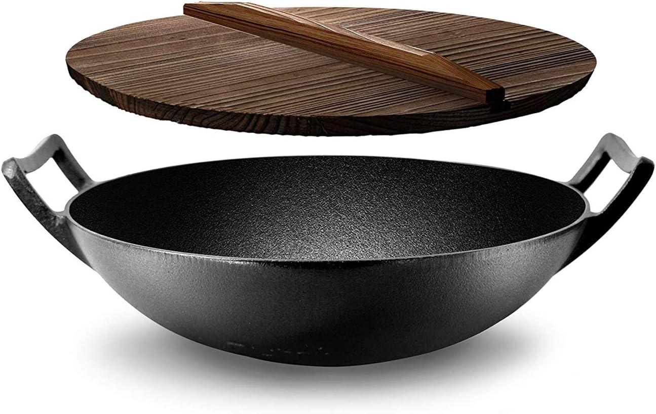 Open Box NutriChef Cooking Wok Cast Iron Stir Fry Pan with Wooden Lid, Black