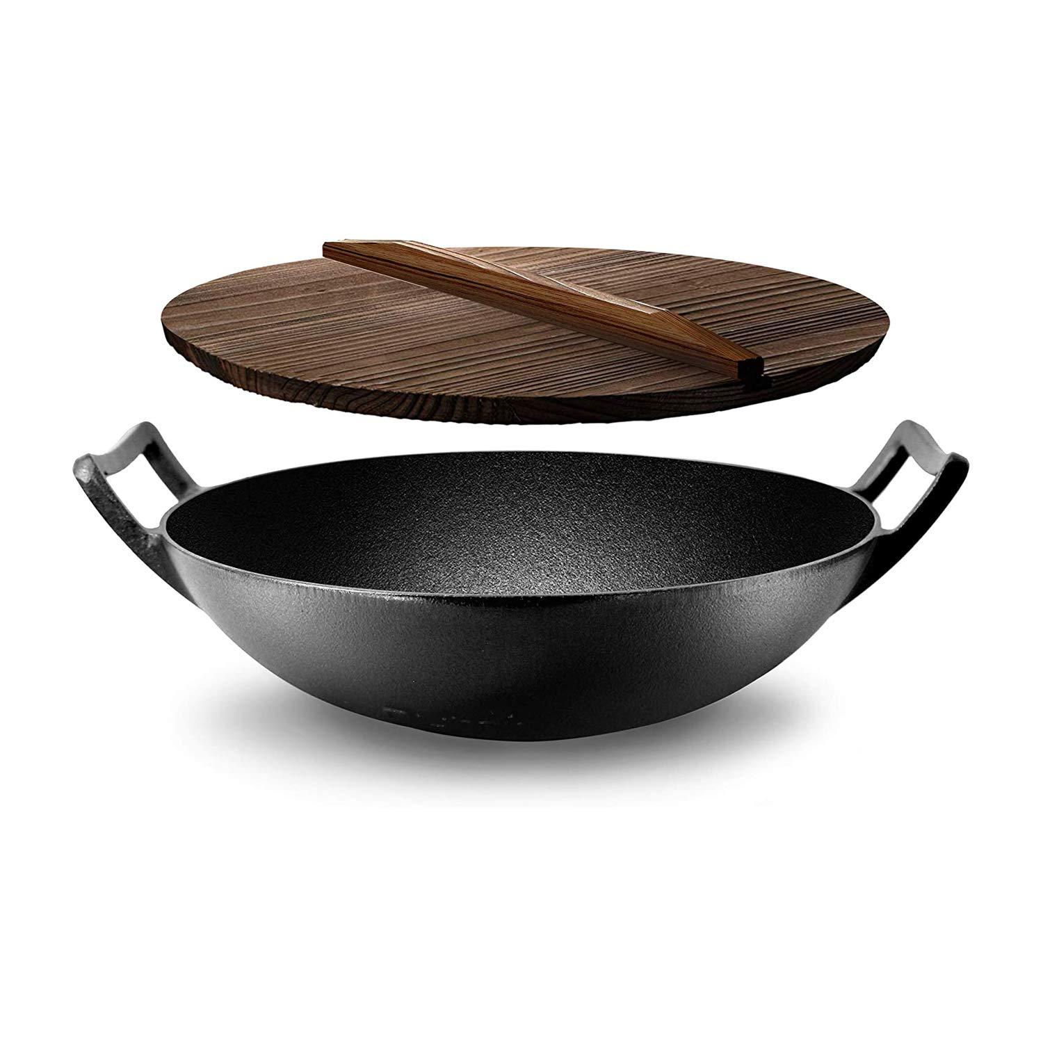 Open Box NutriChef Cooking Wok Cast Iron Stir Fry Pan with Wooden Lid, Black