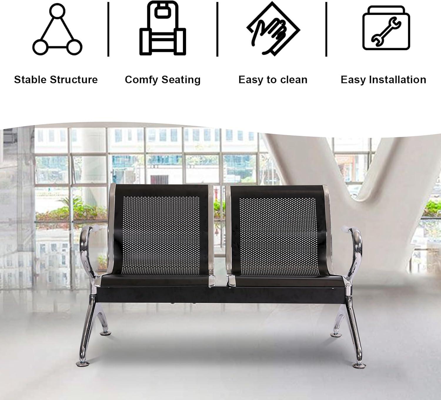 Kinbor Waiting Room Chairs, 3-Seat Reception Chairs Office Guest Waiting Furniture Bench Seating for Airport Bank Hospital, Black