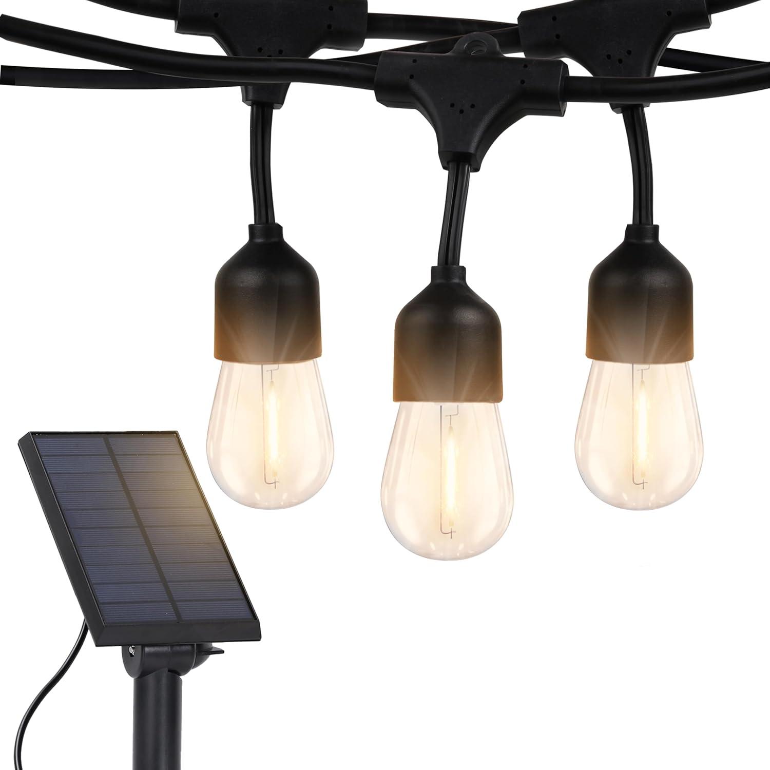 Brightech Ambience Pro 48 ft. Solar-Powered Outdoor LED String Lights with 15 Warm White S14 Bulbs, Weatherproof and Commercial-Grade Cord