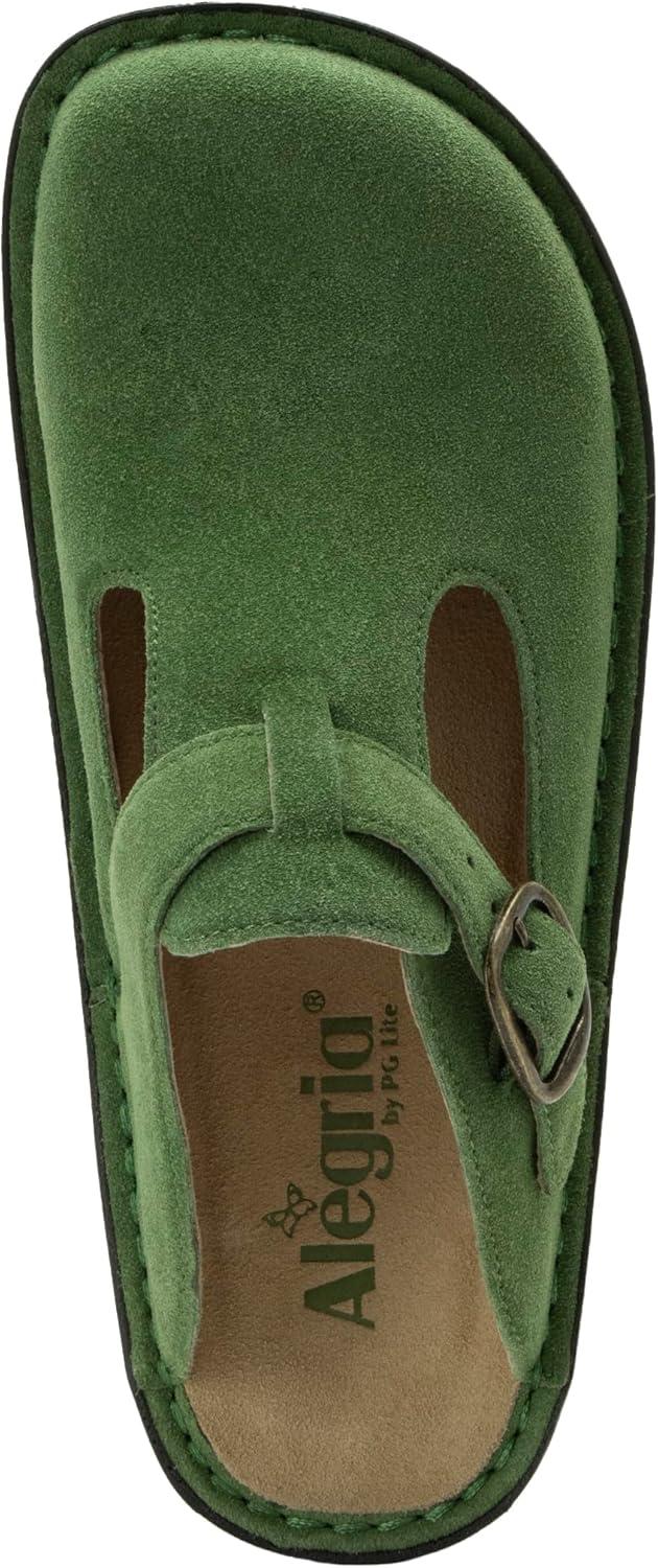 Women's Olive Green Suede Leather Buckle Clogs