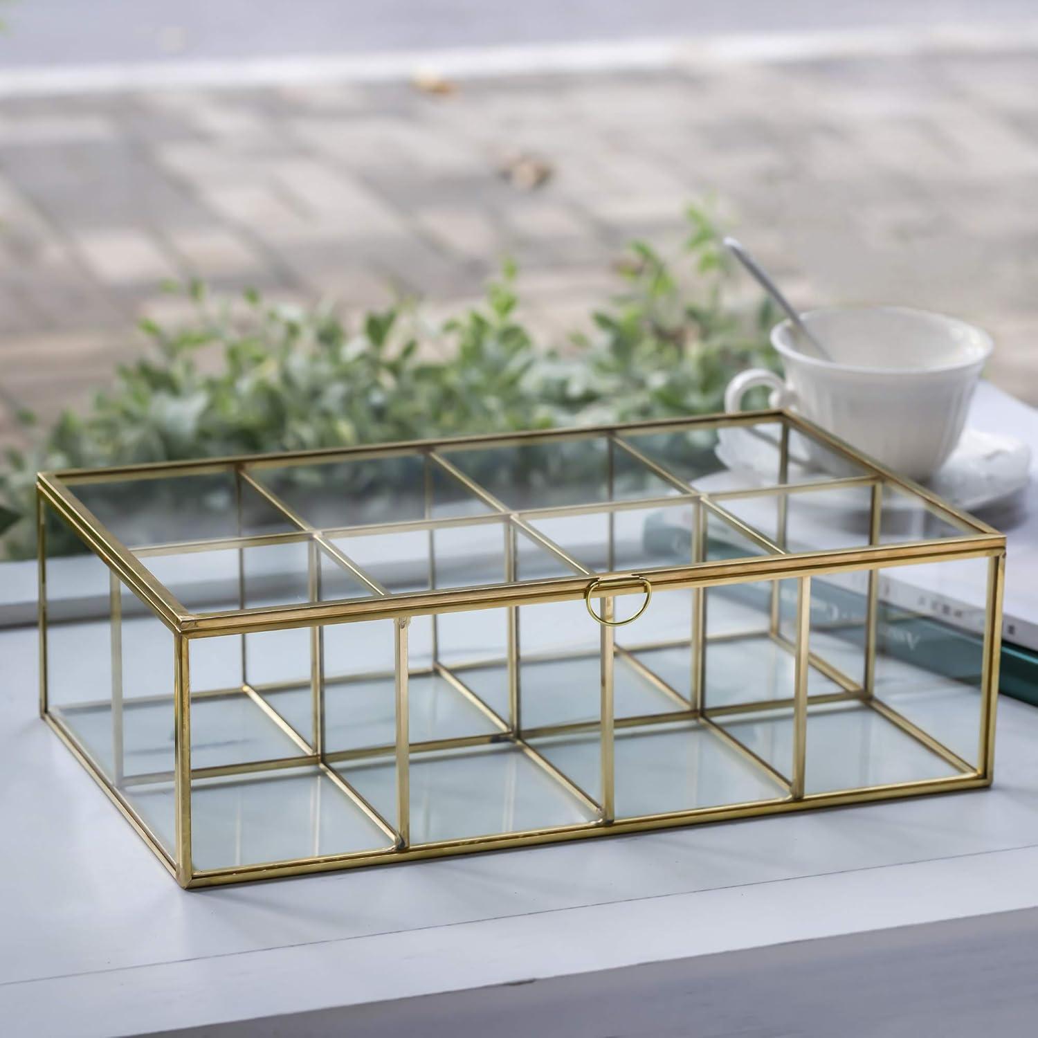 NCYP Glass Tea Bags Organizer, 12" x 7.1" x 3.7" Sugar Packets Storage Box - 8 Grids Compartments Jewelry Container, Indoor Counter Top Brass Display Case with Lid, Gold Decor (Glass Box Only)