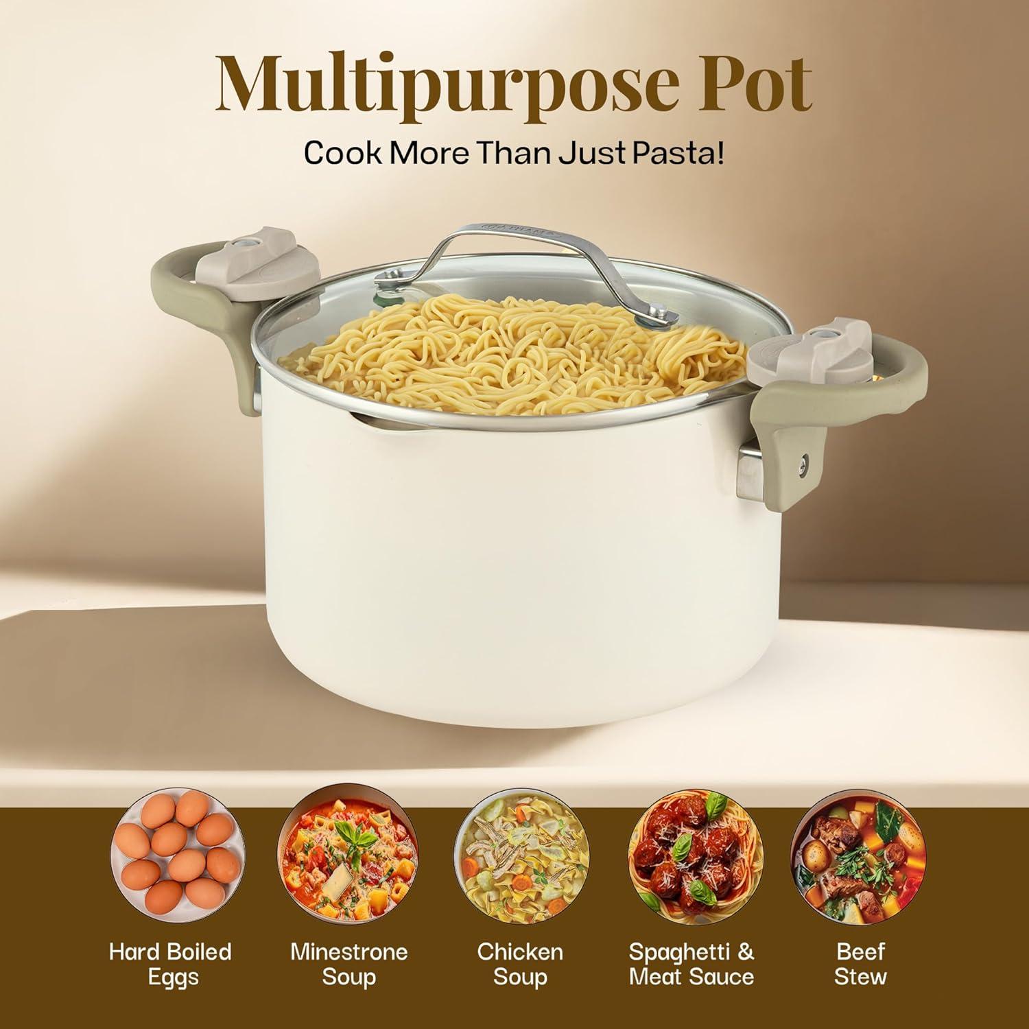 Gotham Steel Cream Ultra Nonstick Ceramic 5 Qt Pasta Pot with Strainer and Twist & Lock Handles