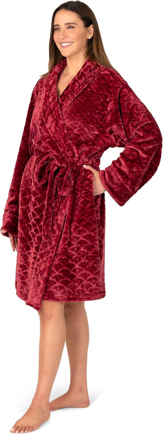 PAVILIA Short Robes for Women, Plush Soft Bathrobe Womens Lightweight, Fluffy Fuzzy Robe Knee Length, Shower Spa (Dark Red, Large-X-Large)