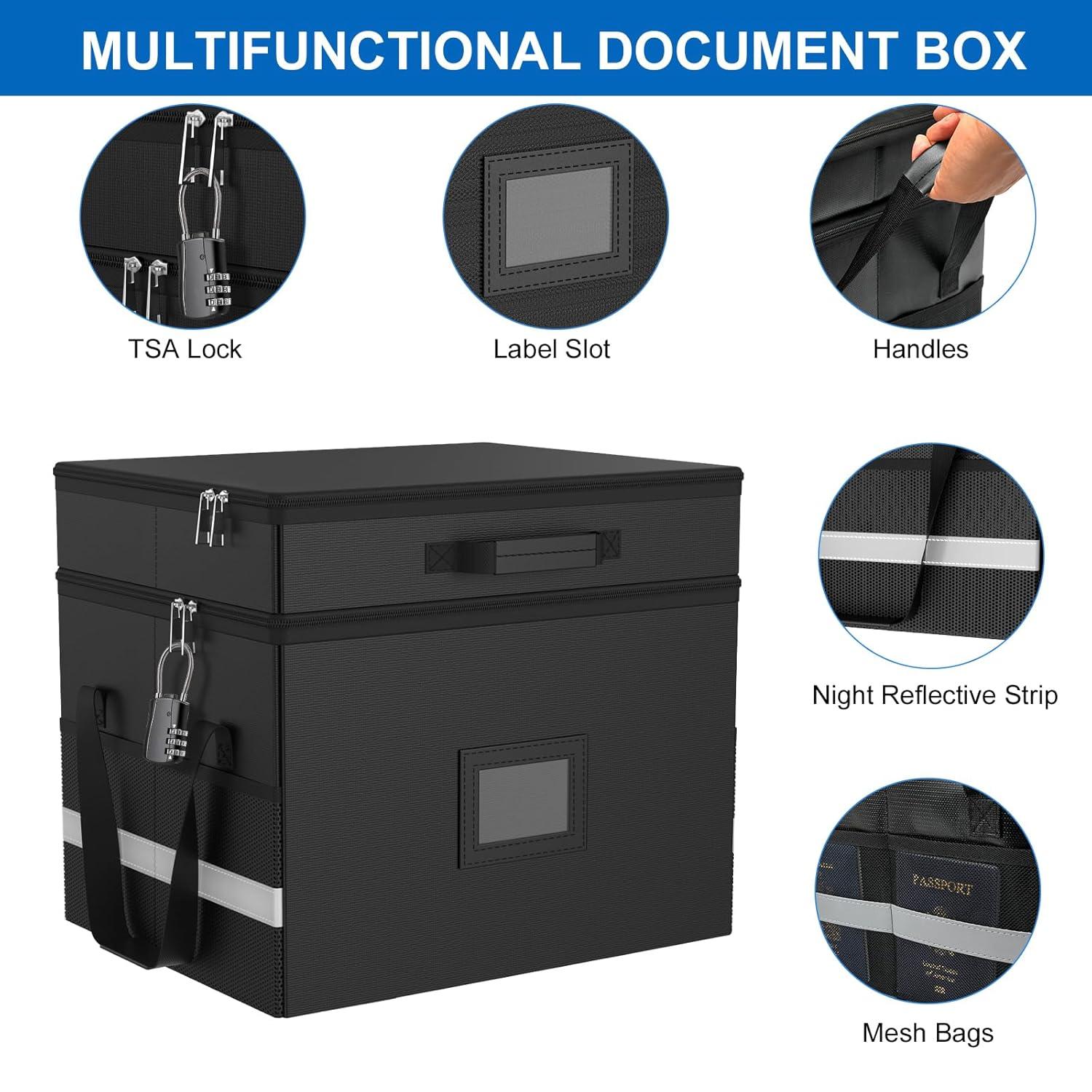 HAMOPY Modern Black Fireproof Document Box, 15.5 x 12.2 x 12.99 inches, 27 Compartments, Collapsible, Portable, Water Resistant, Zipper Closure