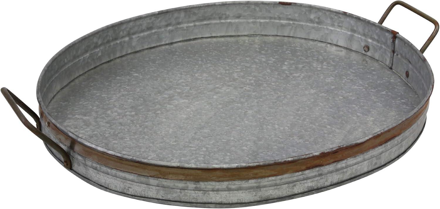 Large Oval Galvanized Metal Tray with Rust Trim and Handles