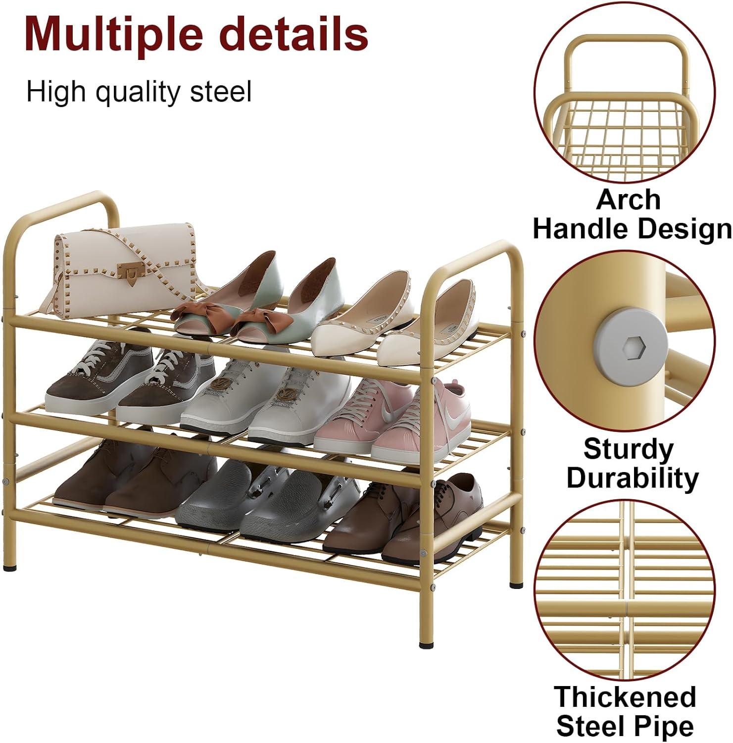 YASONIC Shoe Rack Storage Organizer, 3-Tier Black Shoe Shelf, 24 Pairs, Iron Poles & Plastic Connectors