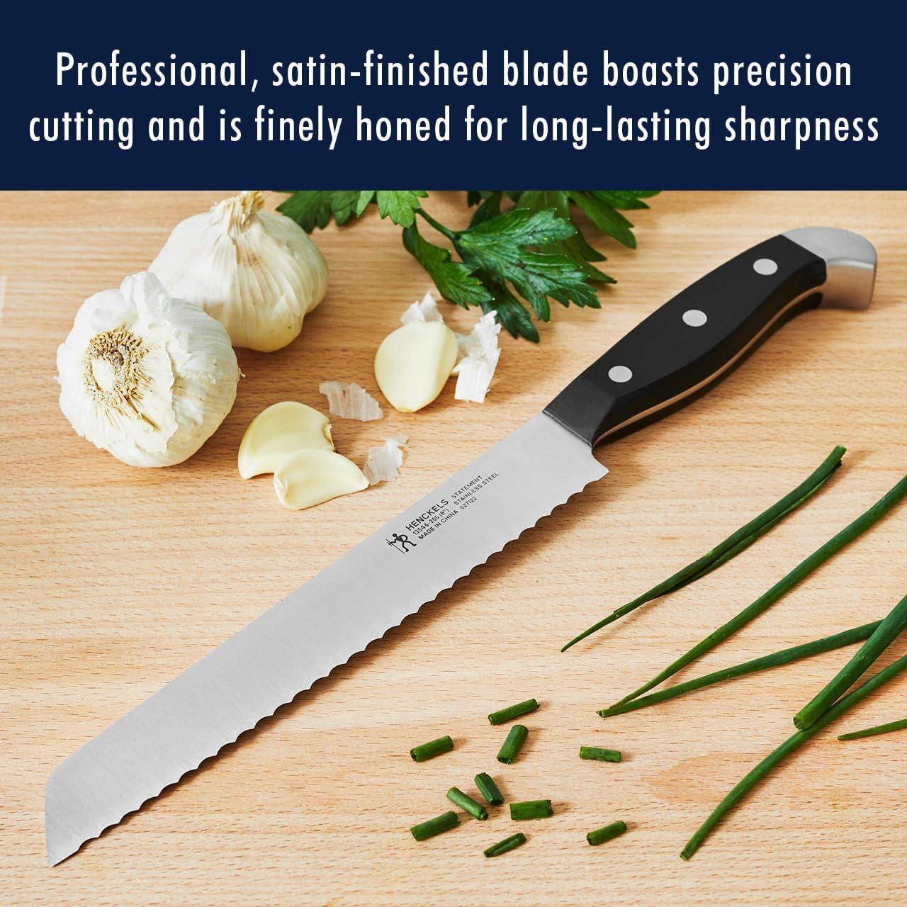 Henckels Statement Self-Sharpening Knife Set with Block, Chef Knife, Paring Knife, Bread Knife, Steak Knife, 14-piece, Dark Brown, Stainless Steel