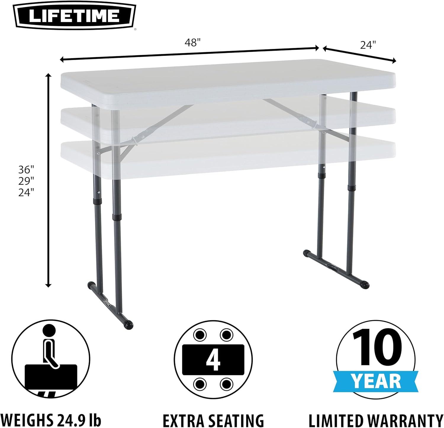 Lifetime 4 Foot Adjustable Rectangle Folding Table, Indoor/Outdoor Commercial Grade, White Granite (80160)