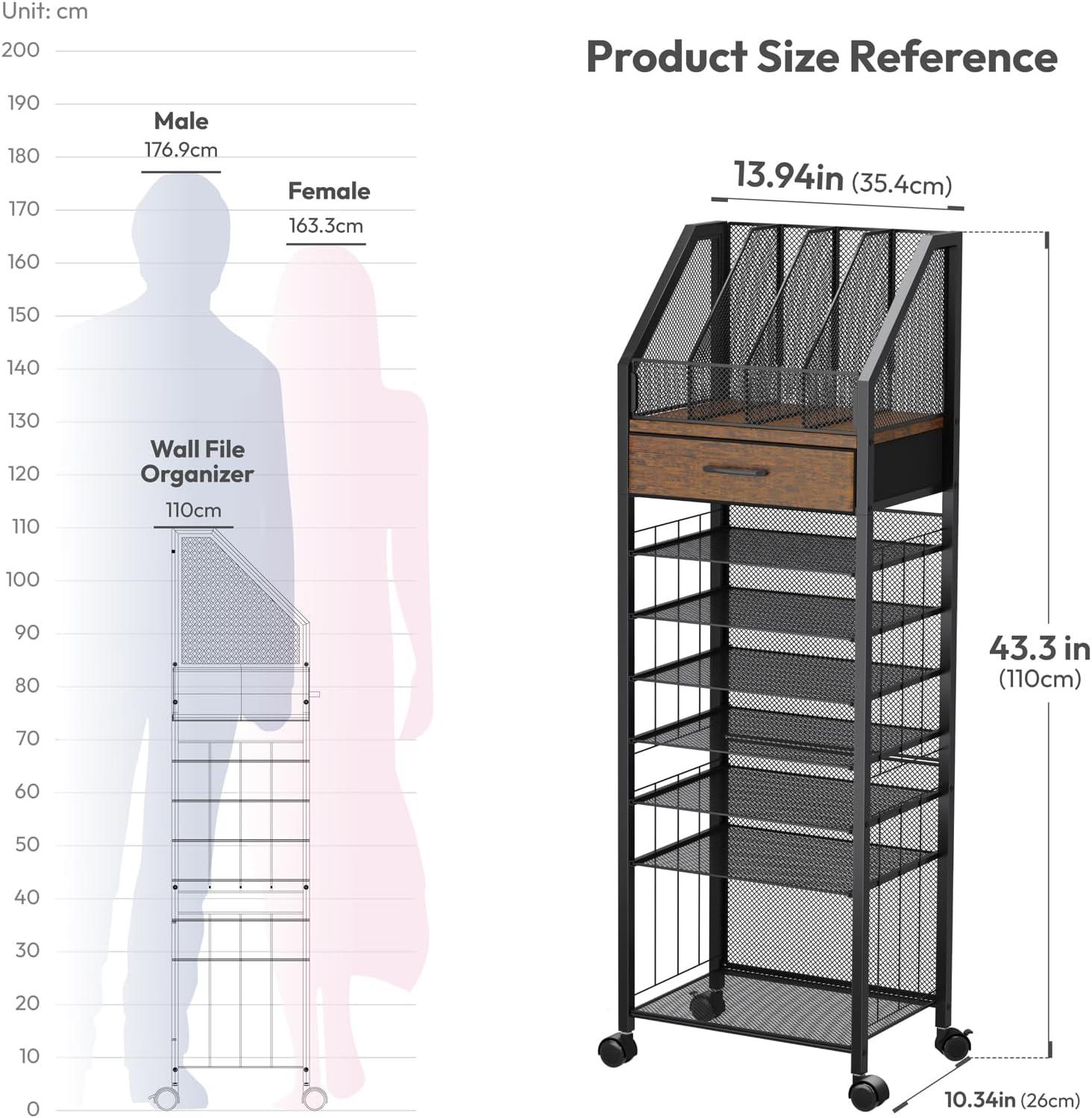 SWTYMIKI 9-Tier Rolling File Cart - Paper Organizer with Drawer and Trays, Wood Desk Office Organizer, Office Organization and Binder Storage for Workspace, Home, School, Black