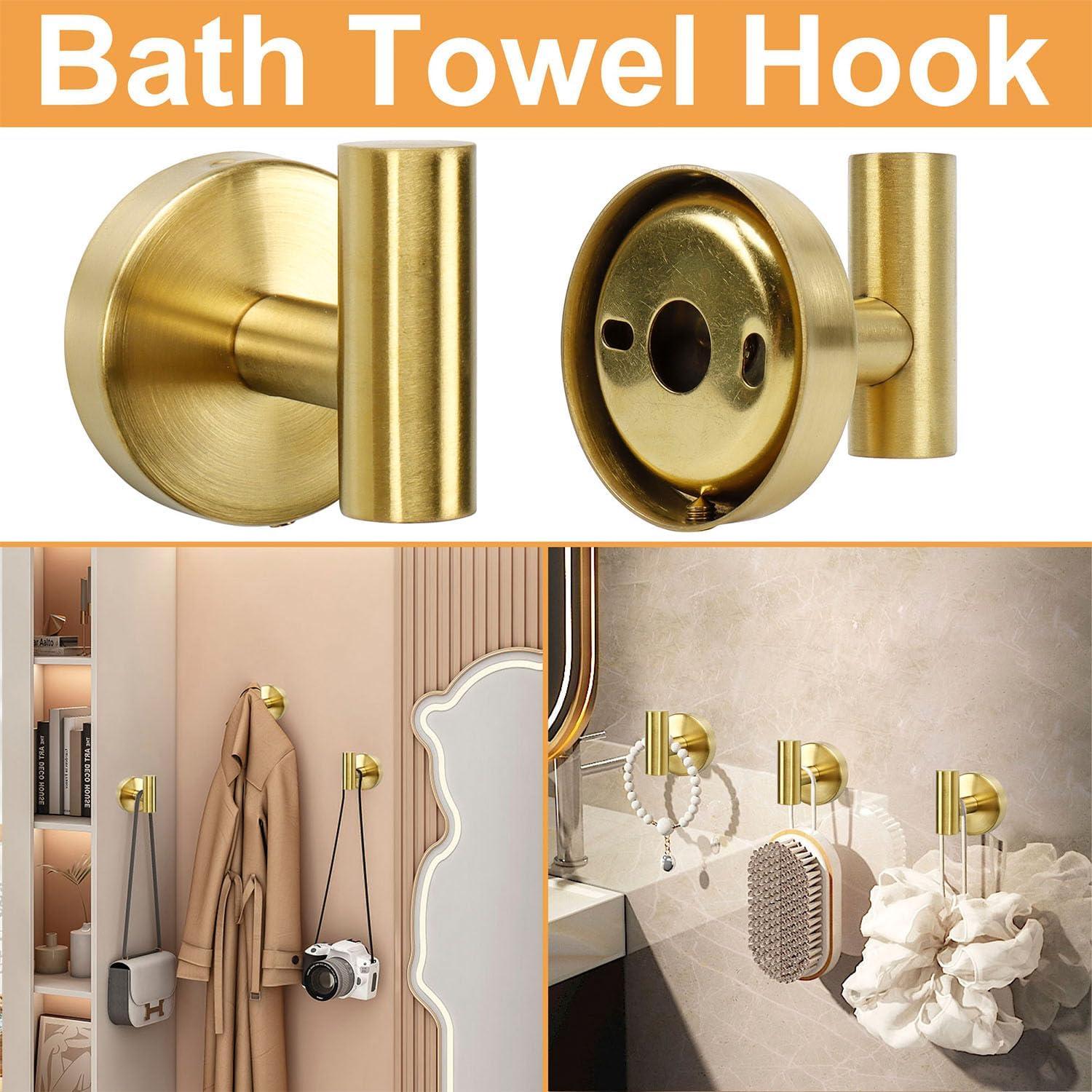 5 PCS Bathroom Hardware Set SUS304 Stainless Steel-Towel Rack Set Include Lengthen Hand Towel Bar+Toilet Paper Holder+3 Robe Towel Hooks Bathroom Accessories Towel Bar Set (Brushed Gold, 16IN)