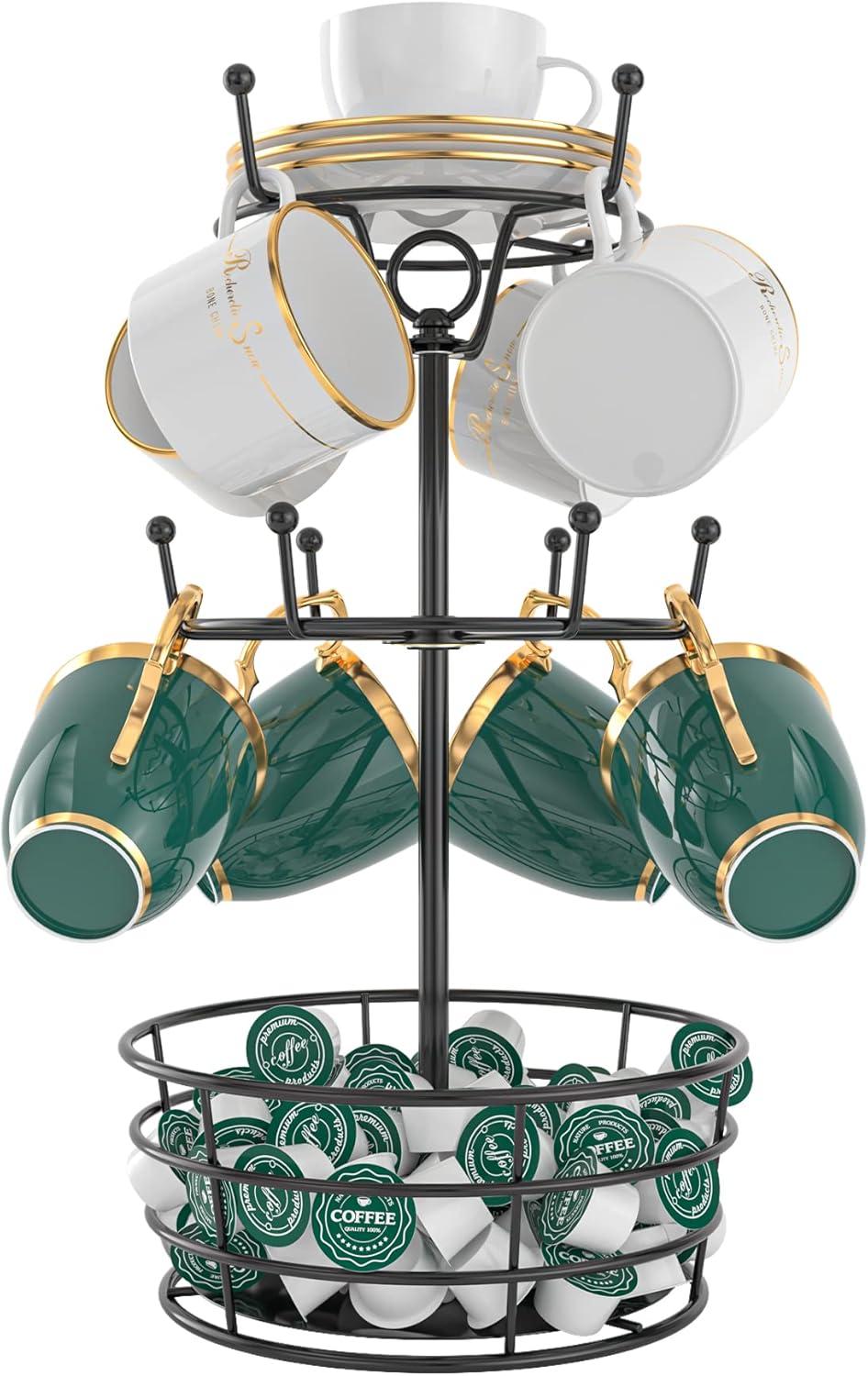 360° Rotating Coffee Mug Holder - Metal 3 Tier Mug Tree Rack Cup Holder for Countertop with 10 Hooks, Coffee Pods Holder for Bar Organizer Kitchen Counter - Black