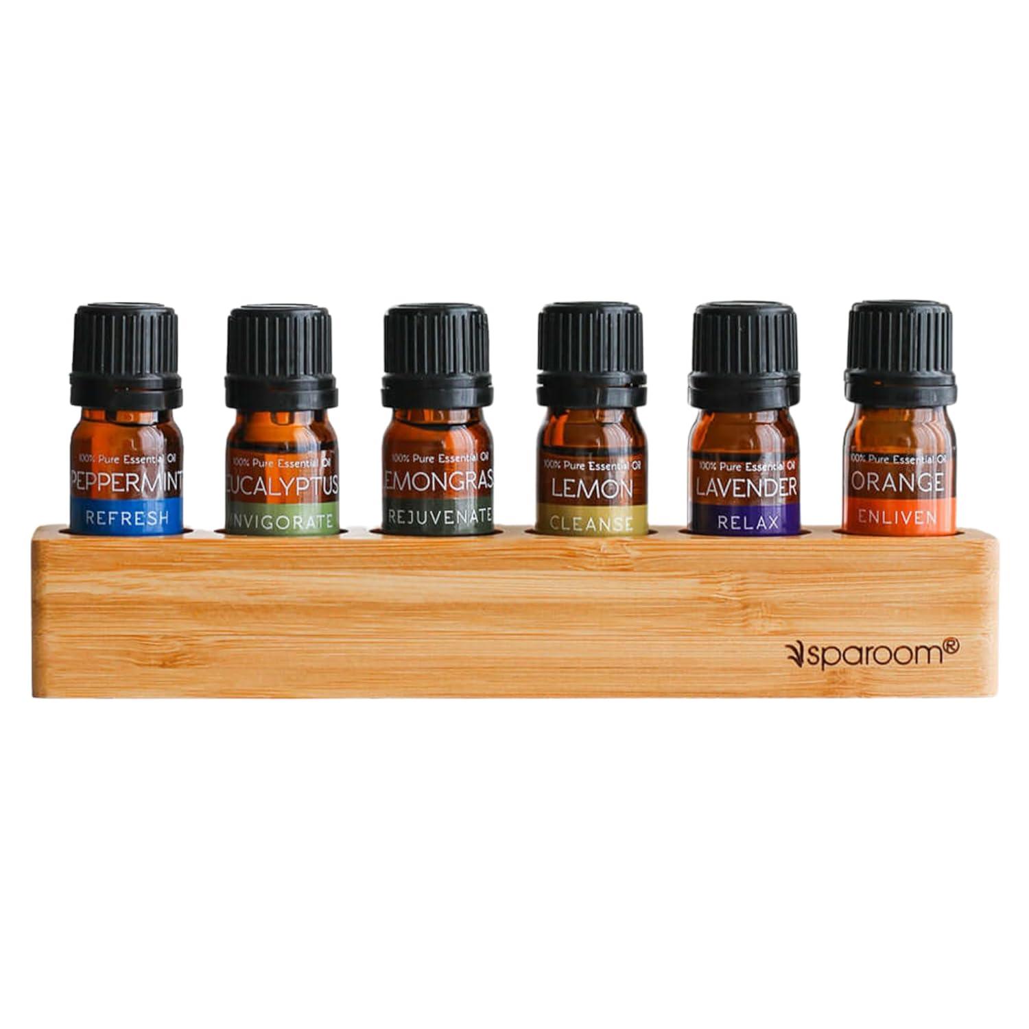 SpaRoom 100% Pure Essential Oils Set; Perfect for Aromatherapy, Diffusers, Humidifiers and Home Care, Spa Day Set of 6 with Bamboo Holder