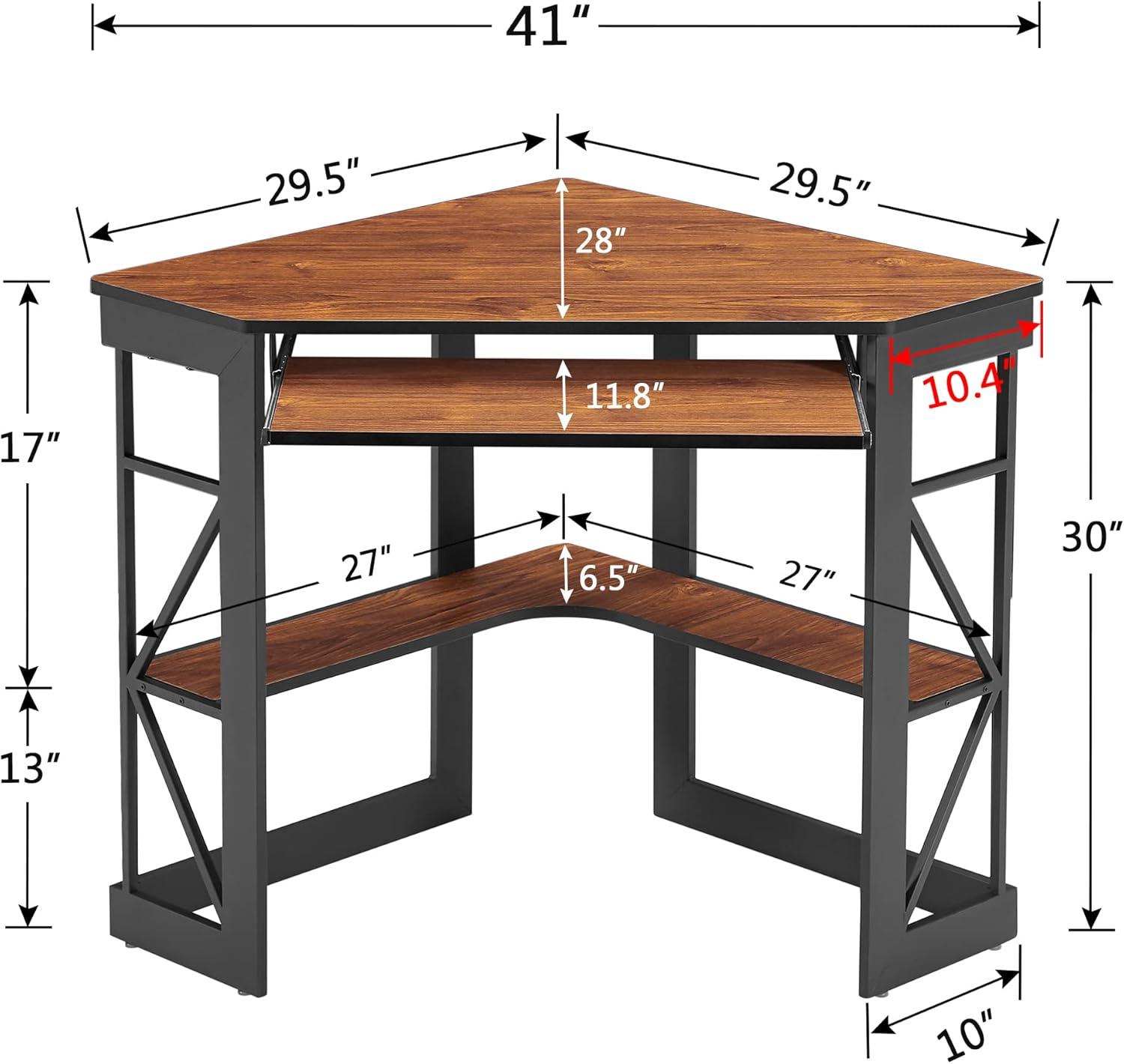 VECELO Corner Work/Writing, Compact Home Office Desk,with Smooth Keyboard Tray & Storage Shelves, Teakwood Brown