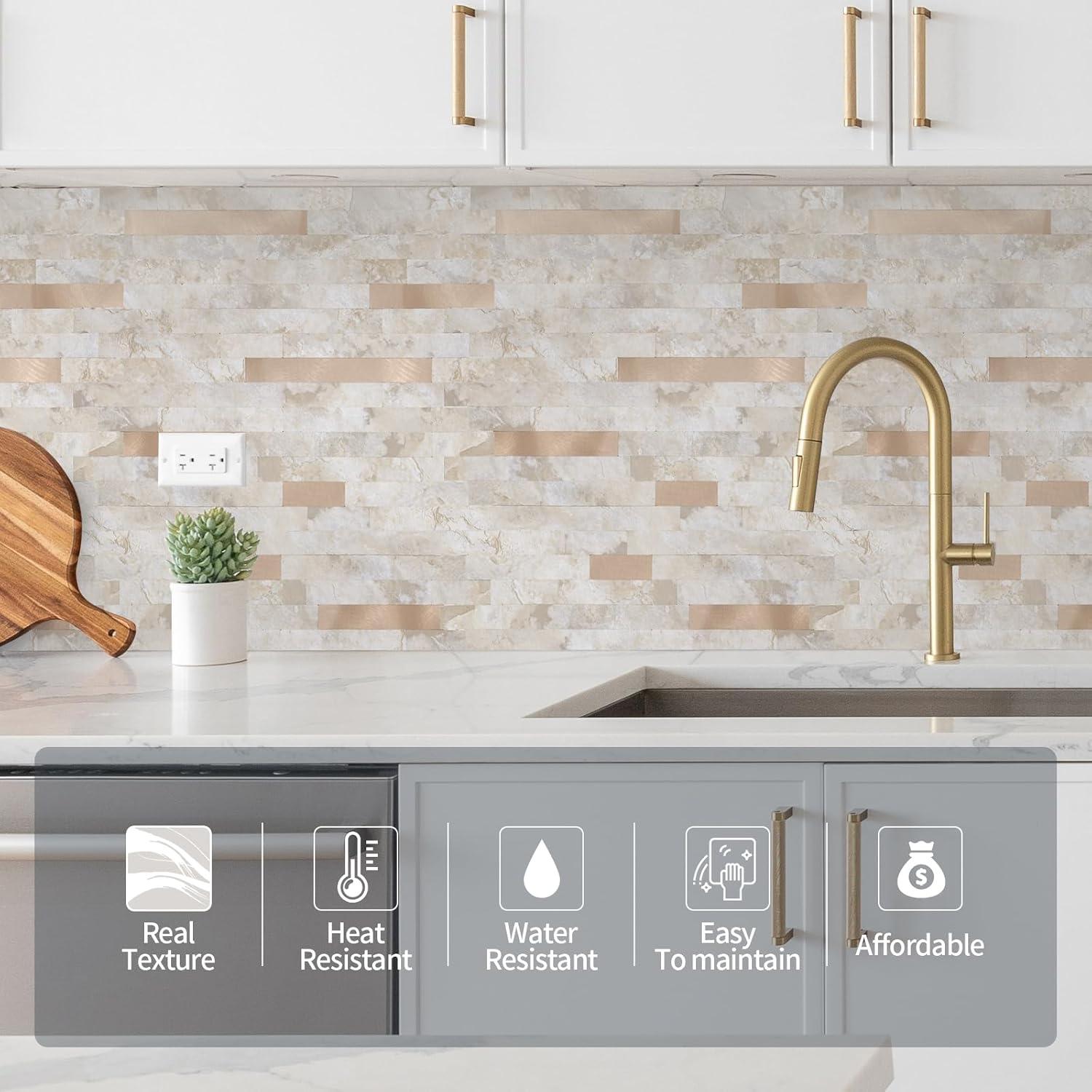 10-Pack Peel and Stick Tile Backsplash 12"X12" PVC Wall Tiles, Stick on Backsplash for Kitchen, Bathroom Tile, Fireplace Décor, Laundry Table, Stair Decals in Cala Golden