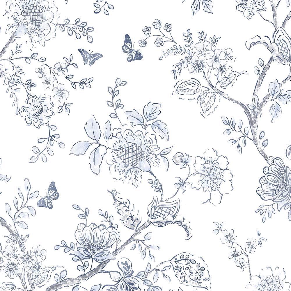 Norwall FH37539 Butterfly Toile Prepasted Light Blue Off White Neutrals Wallpaper