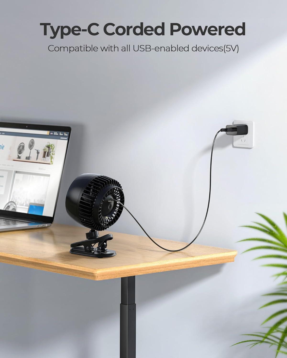 USB Clip on Fan, Strong Wind Ultra Quiet Small Desk Fan with Strong Clamp, More Than 360° Adjustable, 3 Speeds USB-C Corded Powered, Mini Personal Fan for Home Office Desktop Black